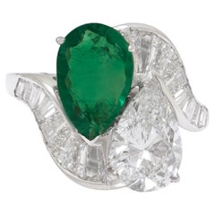Toi & Moi Platinum Ring 2.15ct, Pear Diamond & Emerald, Estate Sultan Oman