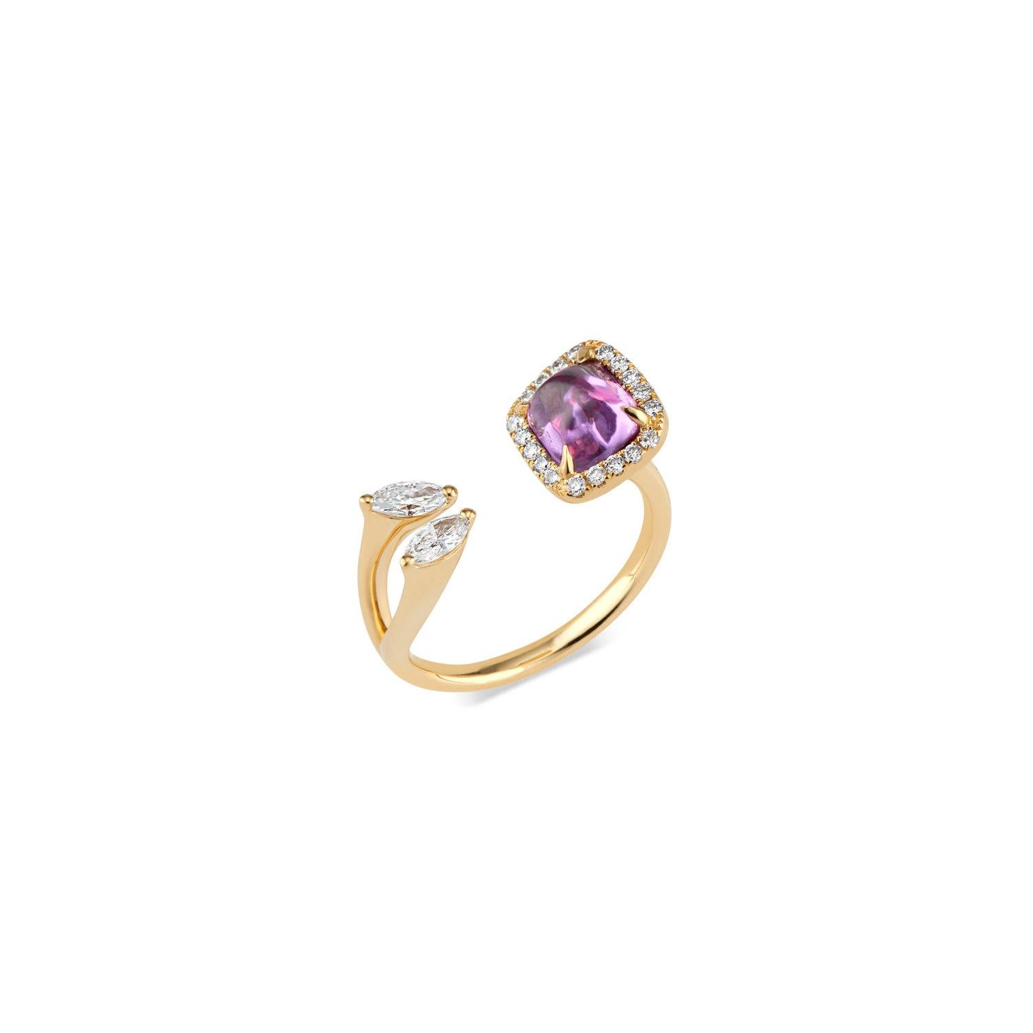 Abstract and artful, Ri Noor's Toi Moi Purple Pink Sapphire and Marquise Diamond Ring creates a dynamic contrast between organic forms and geometric shapes. The sinuous band of 18k yellow gold wraps around the wearer's finger, presenting a natural