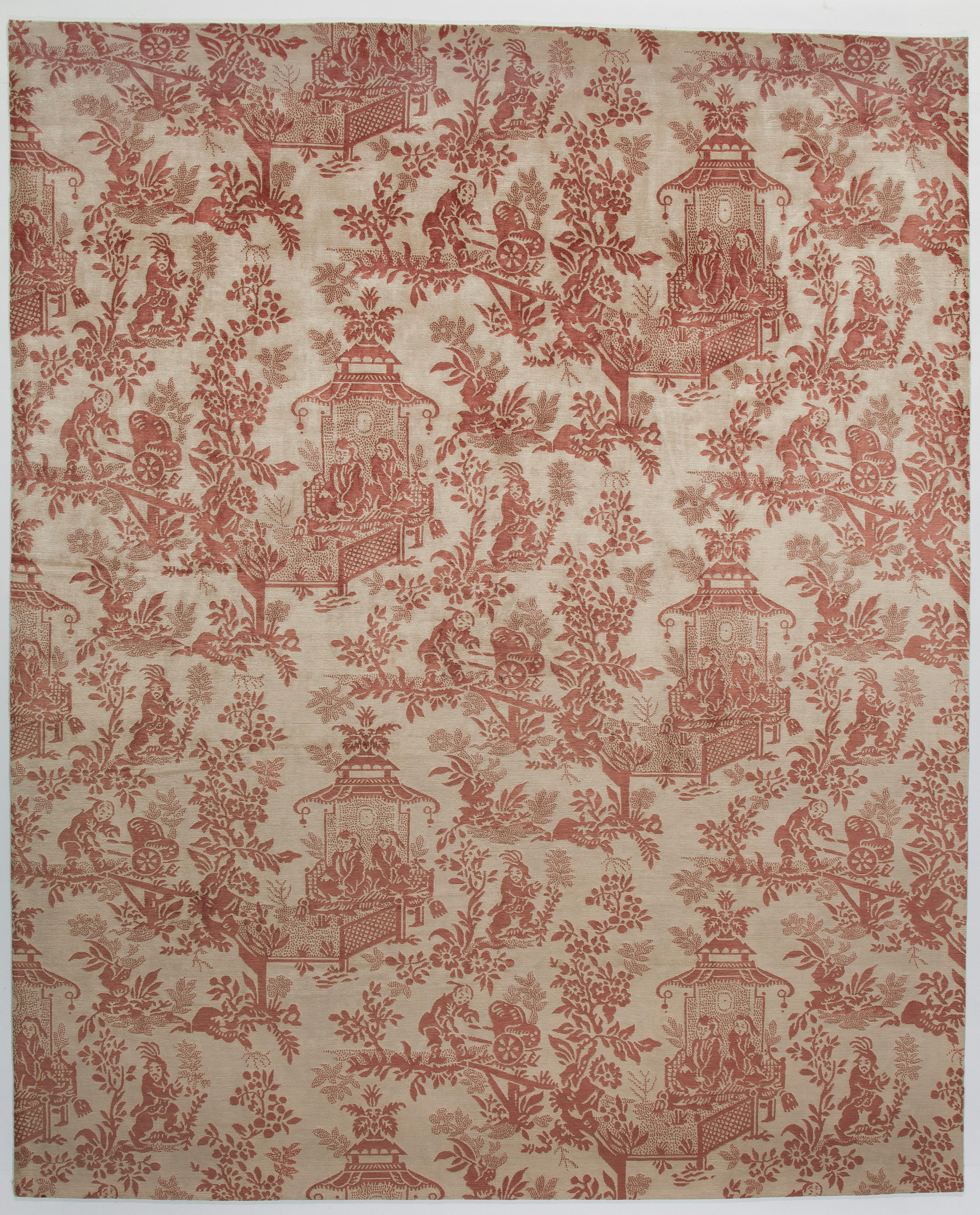 Nepalese Toile Chinoiserie Hand Knotted Carpet in All Silk in white and red For Sale