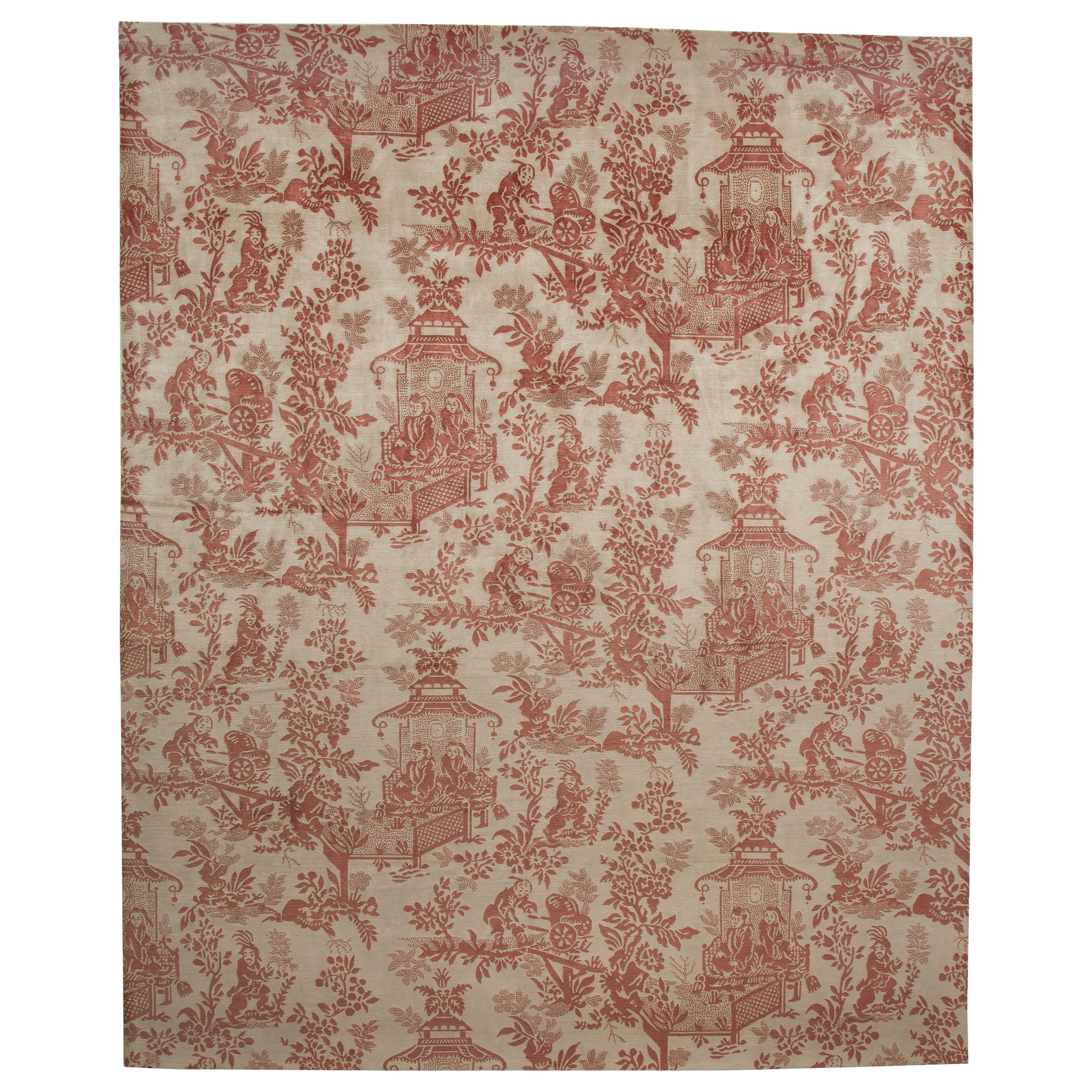 Toile Chinoiserie Hand Knotted Carpet in All Silk in white and red For Sale