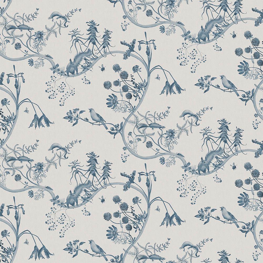 Contemporary Toile Mercia Vines Wallpaper Botanical in Indigo For Sale