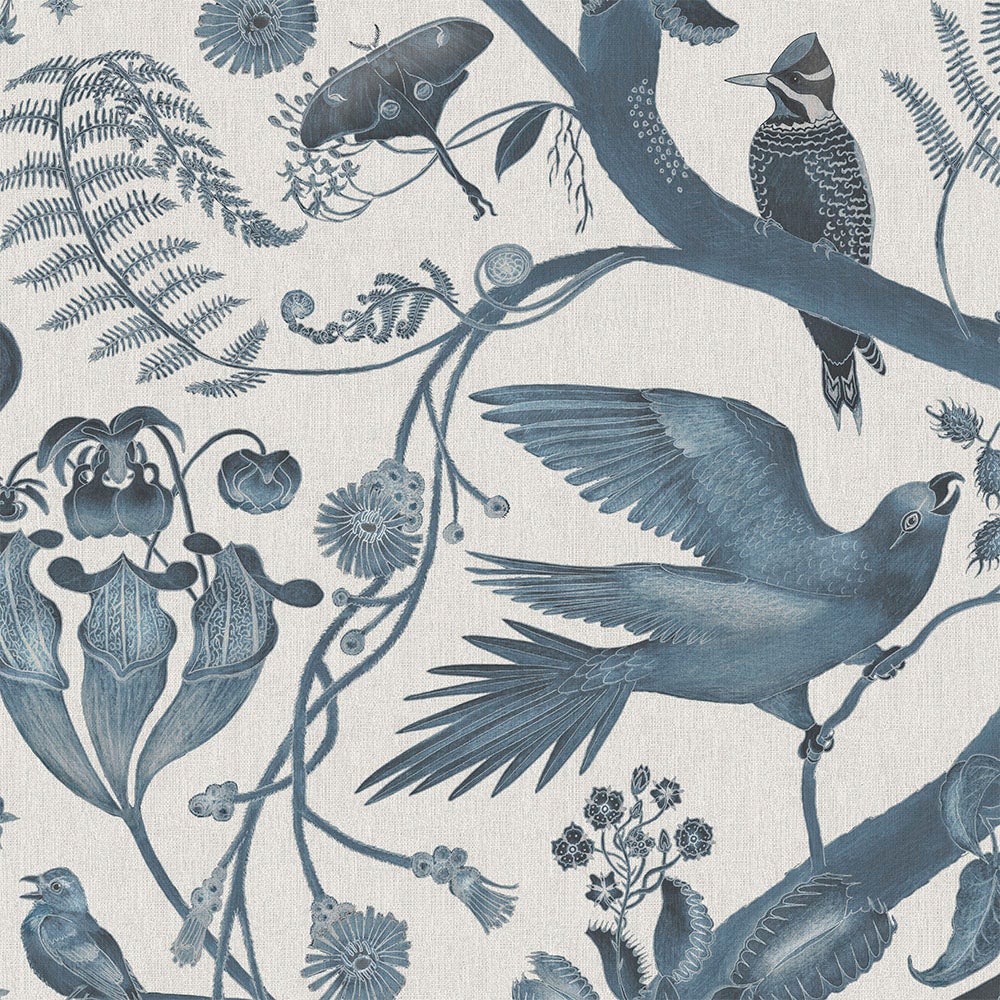 Collection: Carolina Tree of Life Parakeets and Beatrice Edit
Product Code: 25G
Colourways: Indigo 
Roll dimensions: 70cm x 10m (27.6in x 10.9yards)
Area: 7sq.m (8.4 sq.yards)
Pattern repeat: 46.7cm (18.4in) Half Drop
Wallpaper: The designs
