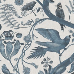 Toile Parakeets Wallpaper Botanical in Indigo