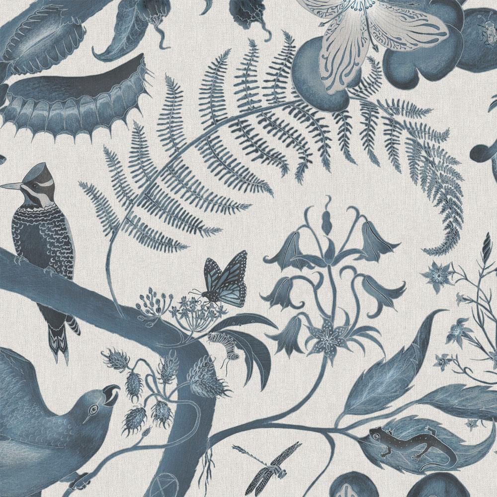 English Toile Parakeets Wallpaper Botanical in Indigo For Sale