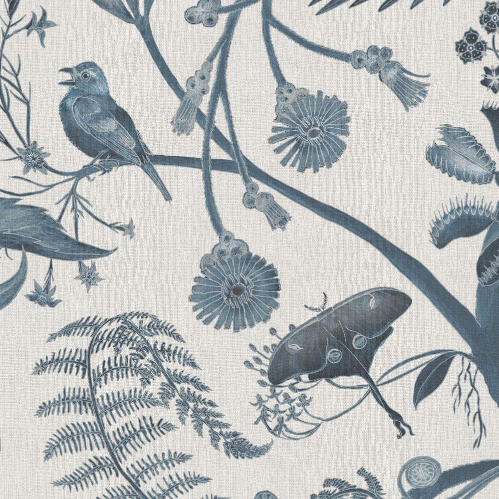 Other Toile Parakeets Wallpaper Botanical in Indigo For Sale