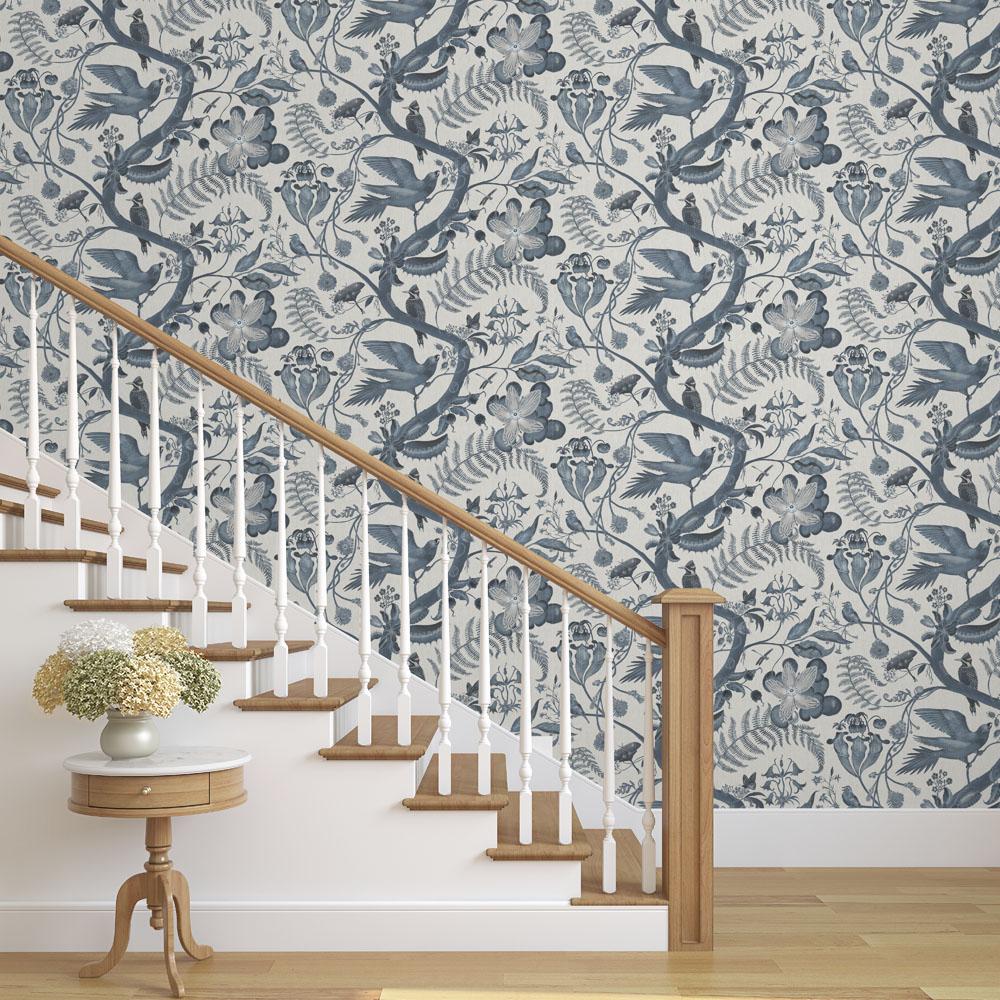 Toile Parakeets Wallpaper Botanical in Indigo In New Condition For Sale In Kent, GB