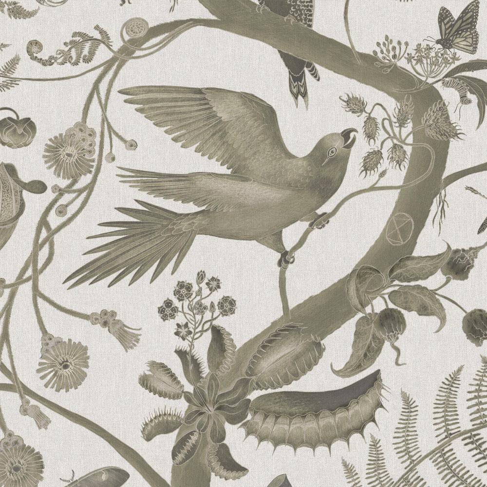 English Toile Parakeets Wallpaper Botanical in Taupe For Sale