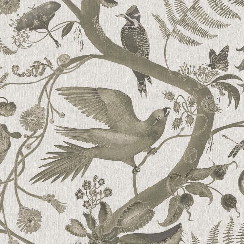 Toile Parakeets Wallpaper Botanical in Taupe In New Condition For Sale In Kent, GB