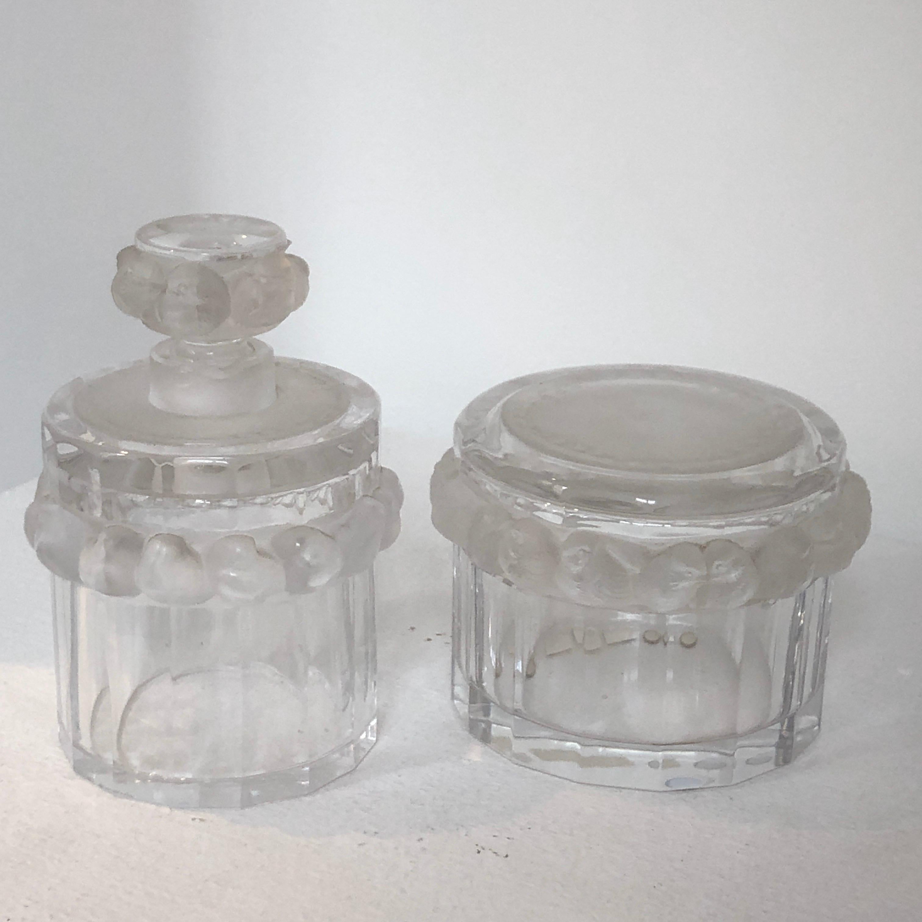 Toilet Garniture Set of Lalique Clear and Frosted Glass Sparrow, circa 1970 11