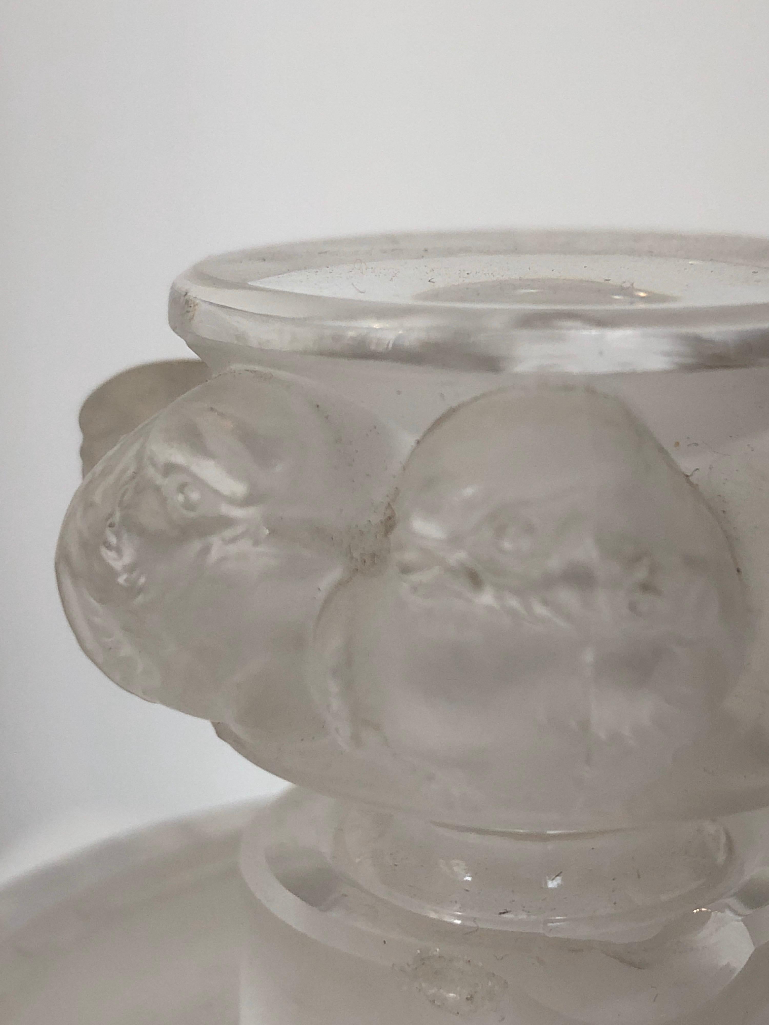 French Toilet Garniture Set of Lalique Clear and Frosted Glass Sparrow, circa 1970