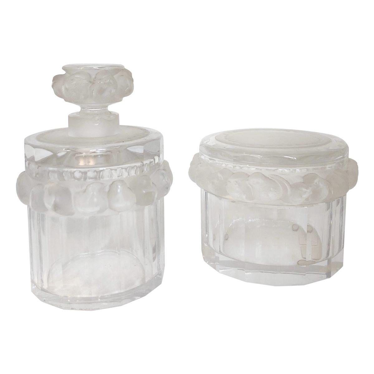 Toilet Garniture Set of Lalique Clear and Frosted Glass Sparrow, circa 1970