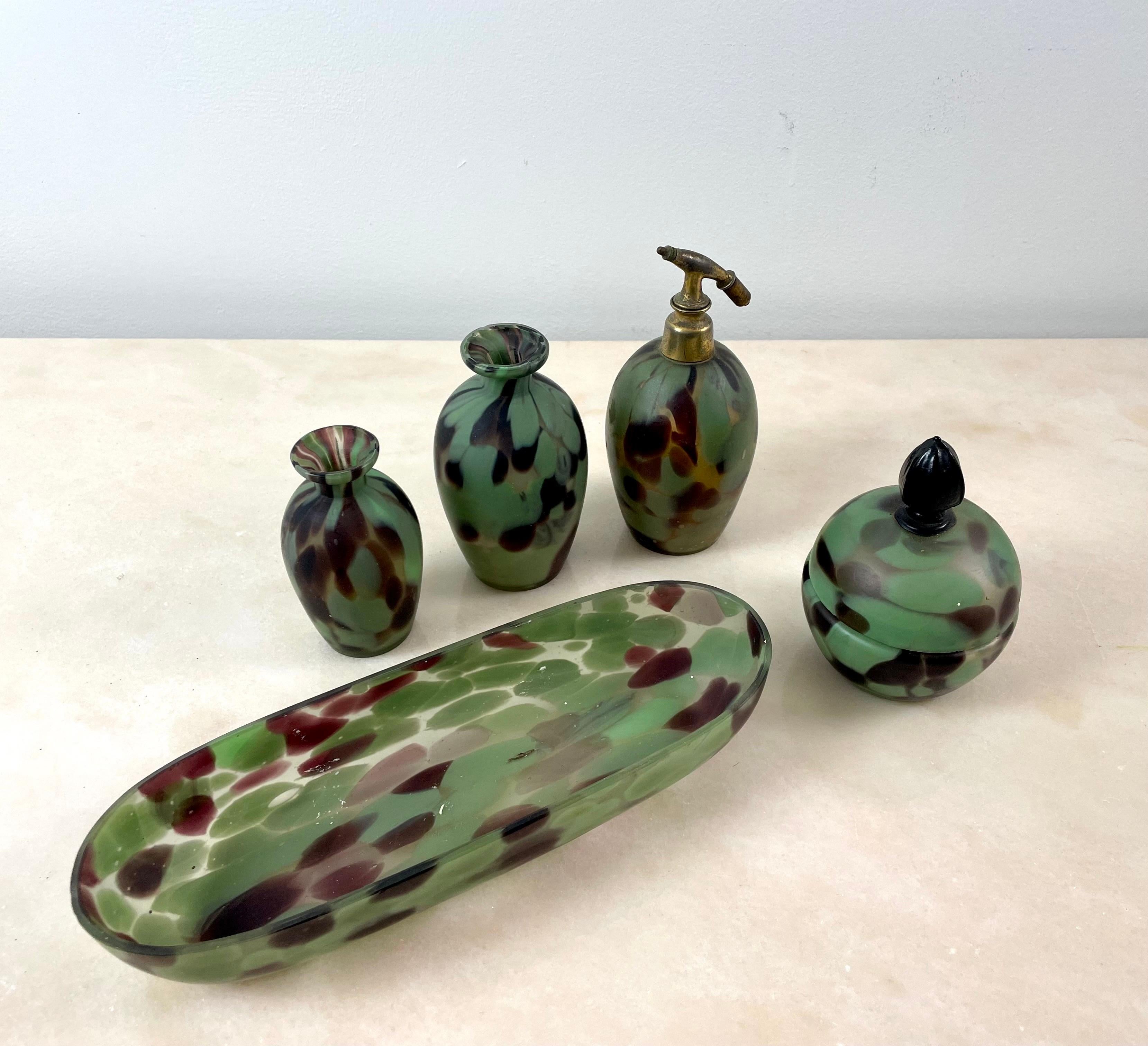 Toilet set in brown and green blown glass paste - 1930 20th - Art Deco - France 3