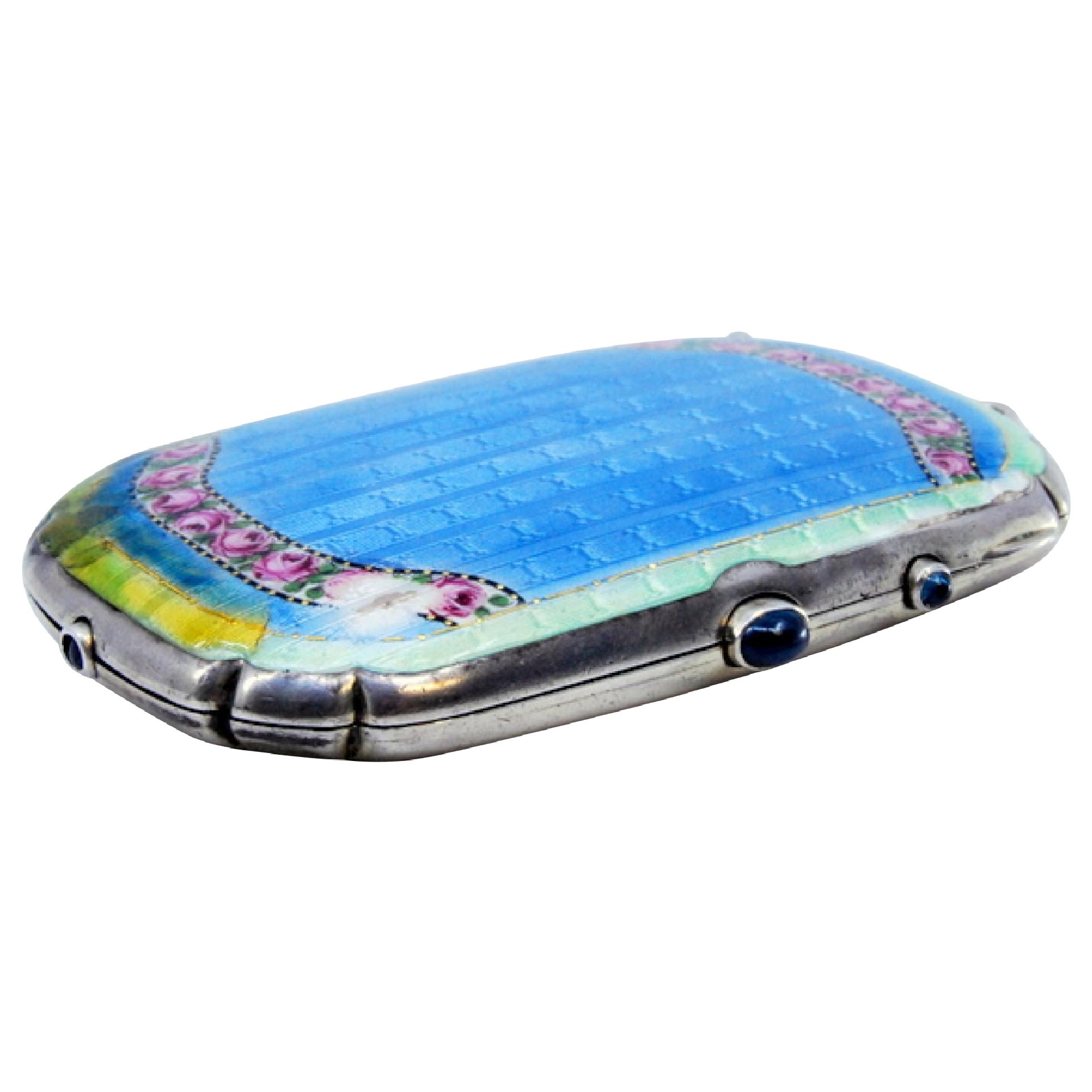 Toiletry box in enameled silver & gold interior w/ mirror & two compartments