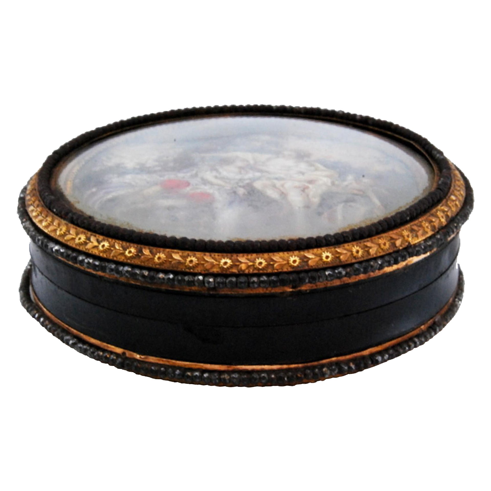 Toiletry box in gold on tortoiseshell with a gallant scene on the removable lid