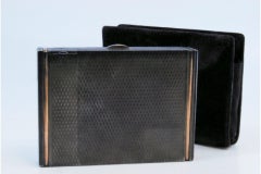 Toiletry box in guilloche silver w/ gold trim, mirror inside & lipstick holder