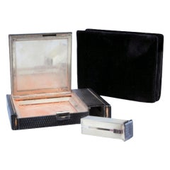 Toiletry box in guilloche silver w/ gold trim, mirror inside & lipstick holder