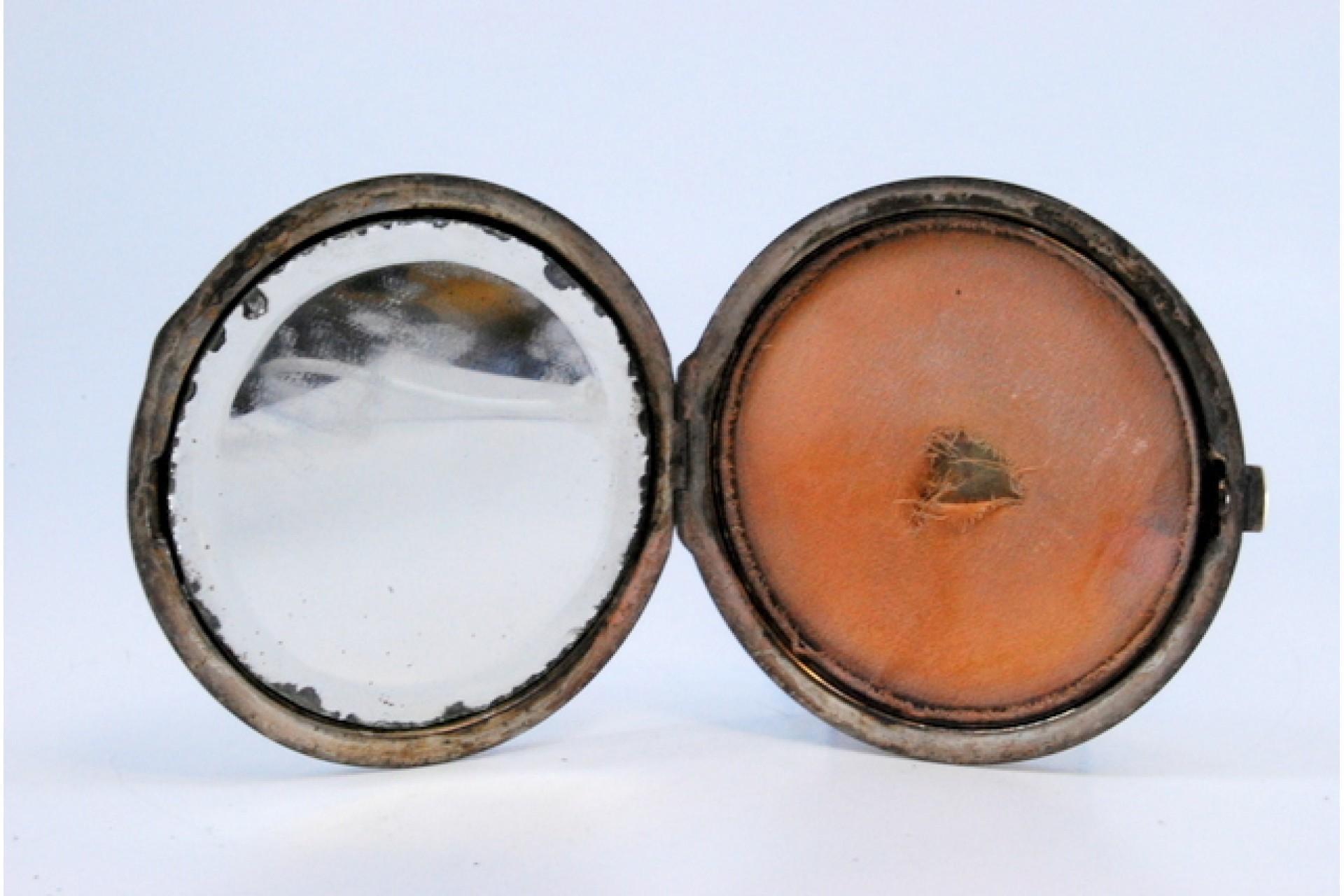 European Toiletry box in silver guilloche on both sides with mirror inside For Sale