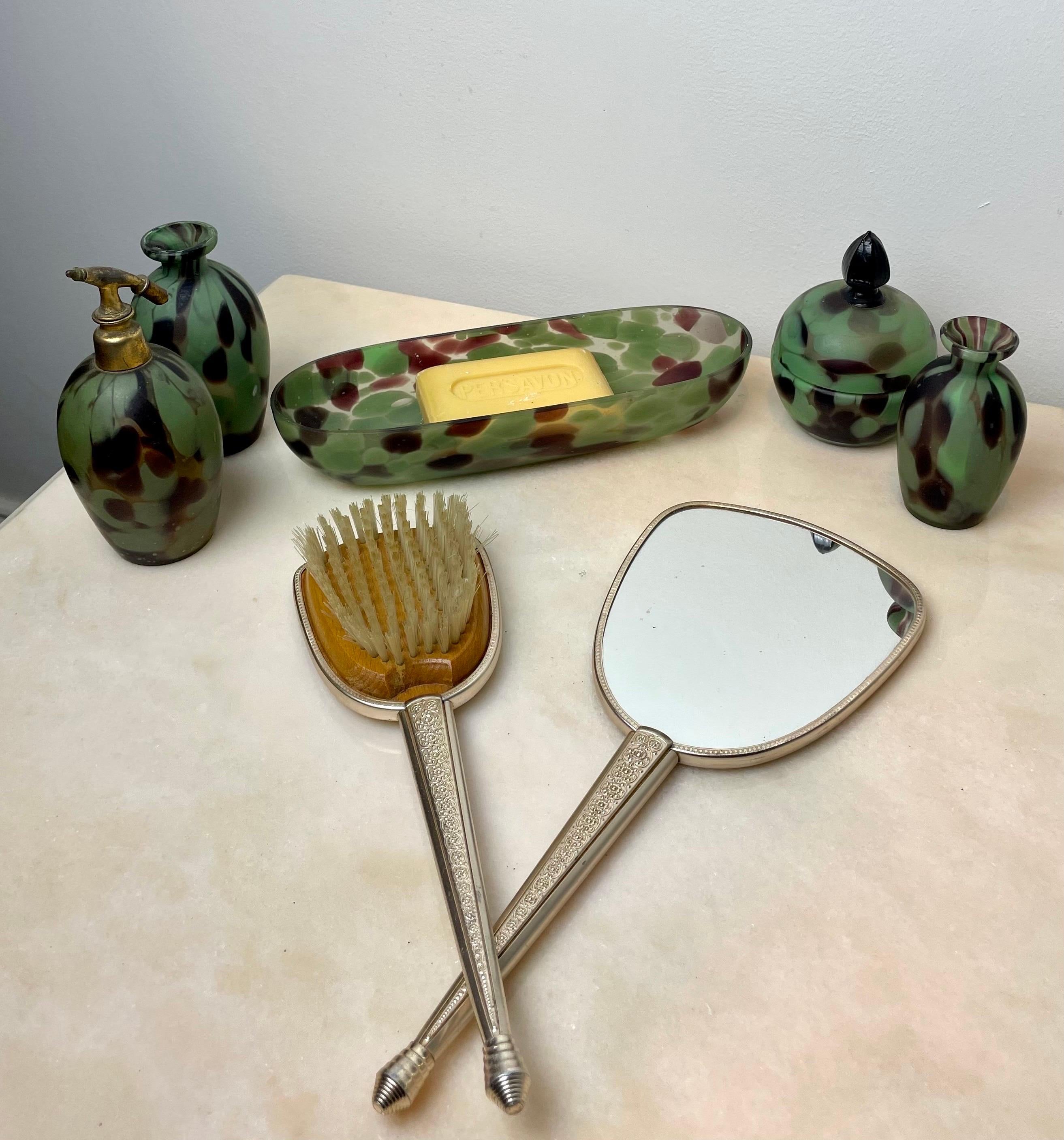Toiletry or dressing table set  - metal & silk brush & hand mirror 50's England 8