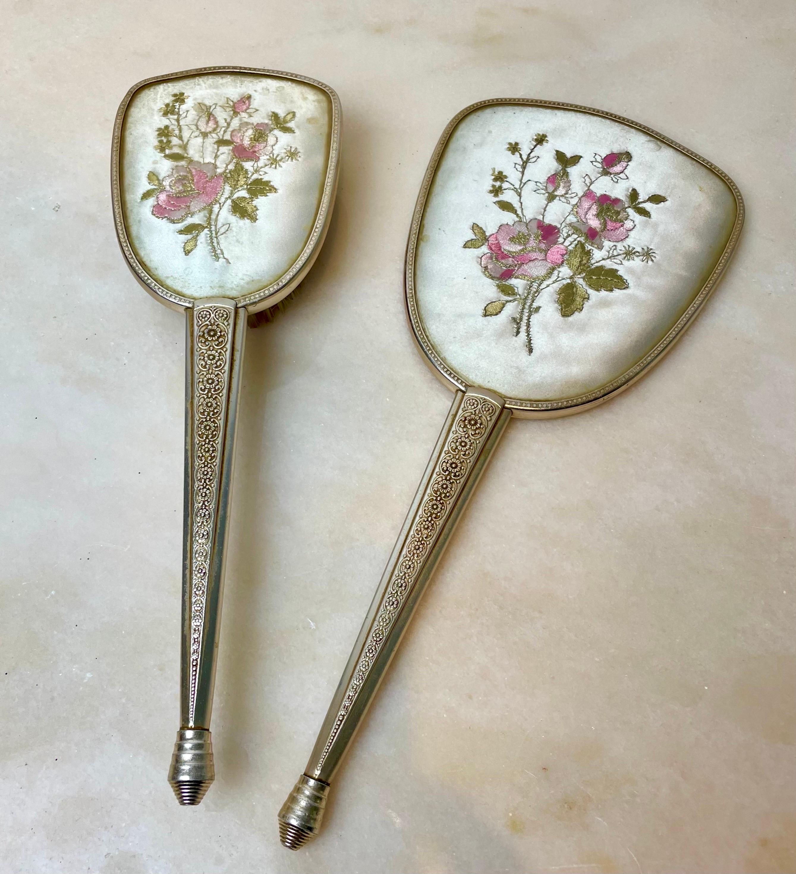 Belle Époque Toiletry or dressing table set  - metal & silk brush & hand mirror 50's England