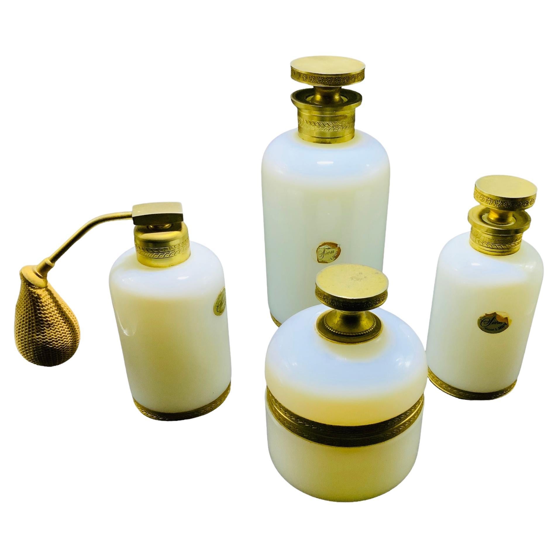 Toilette Set Of Four Opaline Crystal De Sevres And Bronze Bottles/Powder Box For Sale