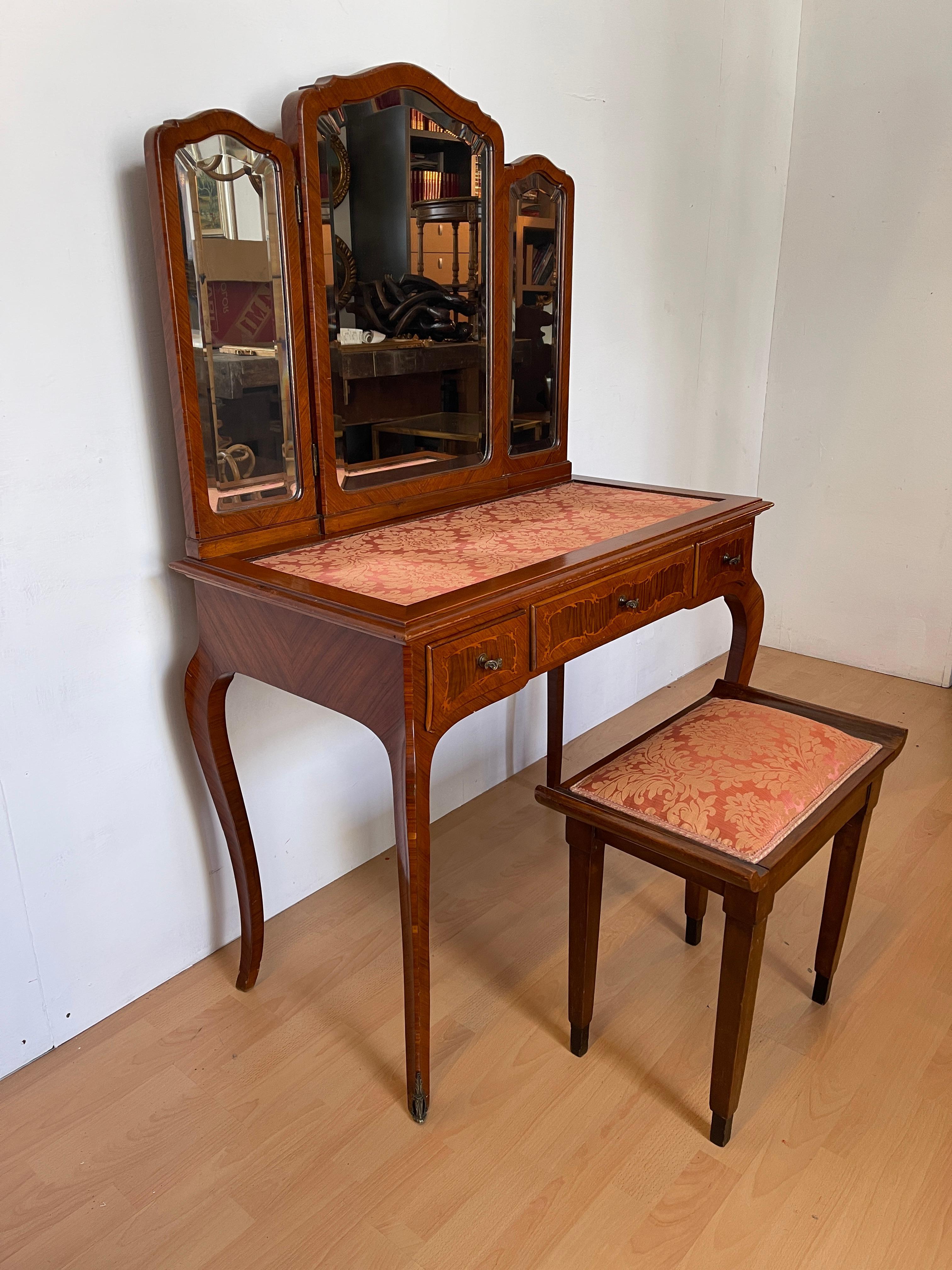 Other Vintage toilet with three mirrors and upholstered Italian stool from the 1980s For Sale