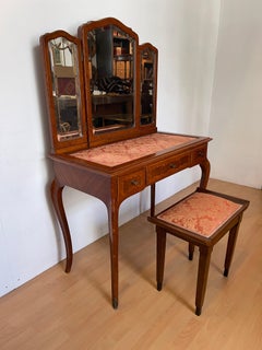 Vintage toilet with three mirrors and upholstered Italian stool from the 1980s