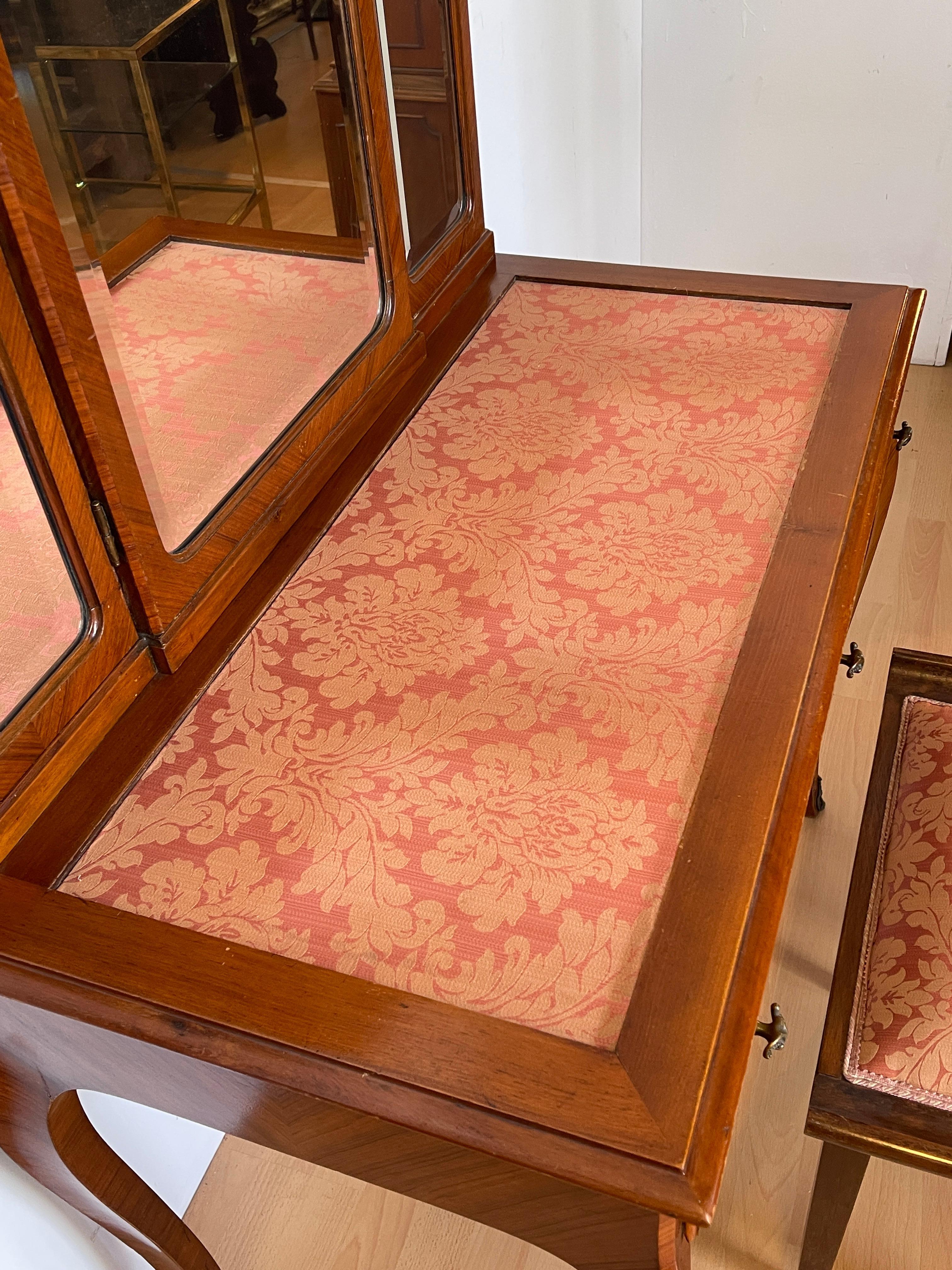 20th Century Vintage toilet with three mirrors and upholstered Italian stool from the 1980s For Sale