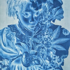 "Caste or Seed, Variegated White" - contemporary portrait, cyanotype, collage
