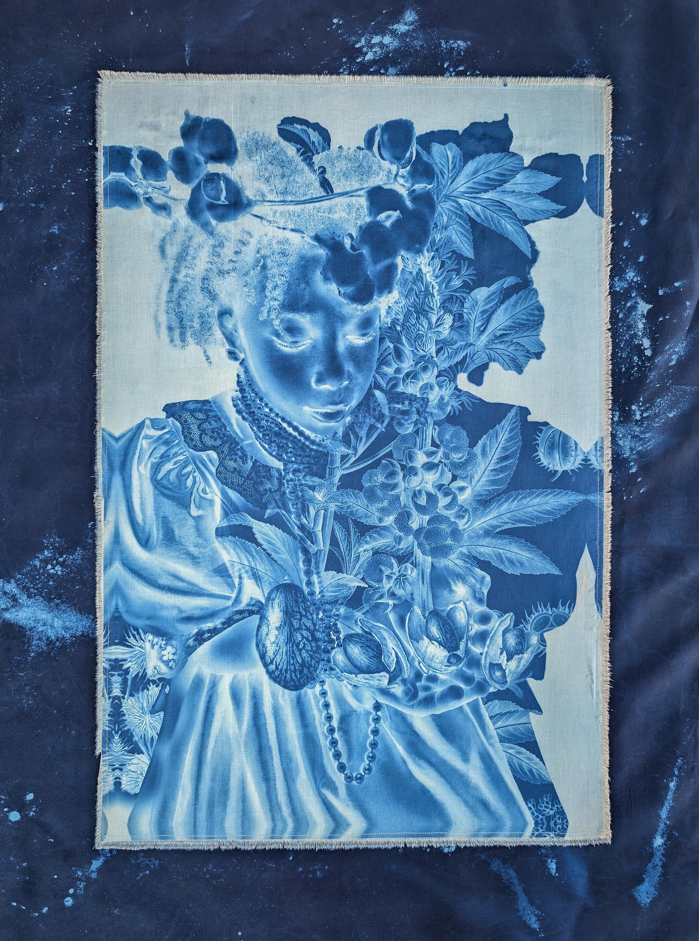 "Caste or Seed, Variegated White" - zeitgenössisches Porträt, Cyanotypie, Collage
