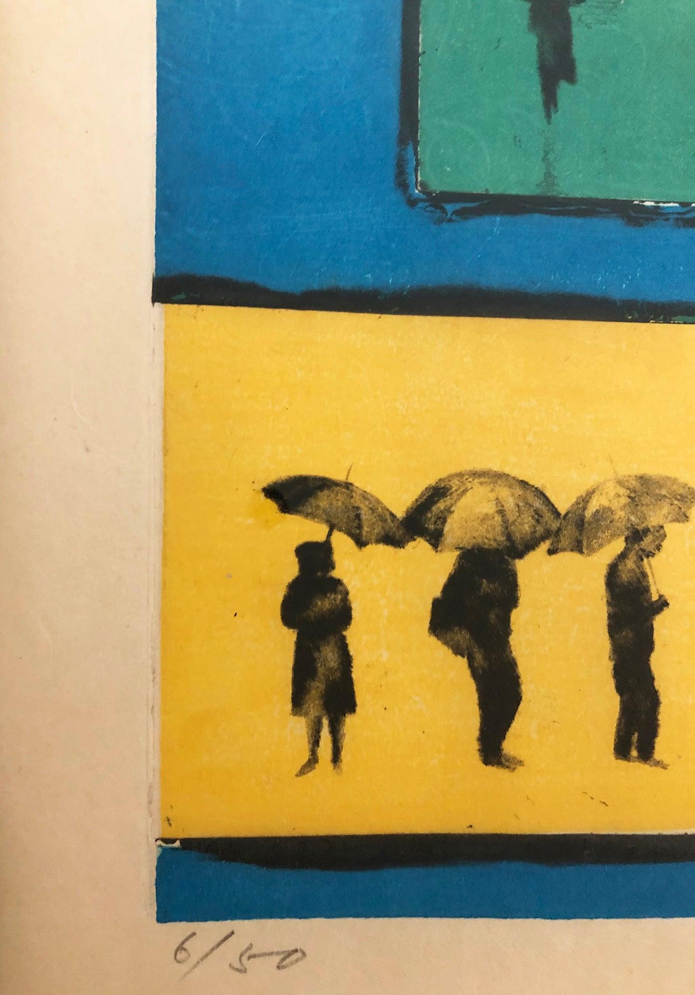 1970 Tokio Mayashita-Rainy Street Woodblock - Landscape Print Blu di Tokio Mayashita 