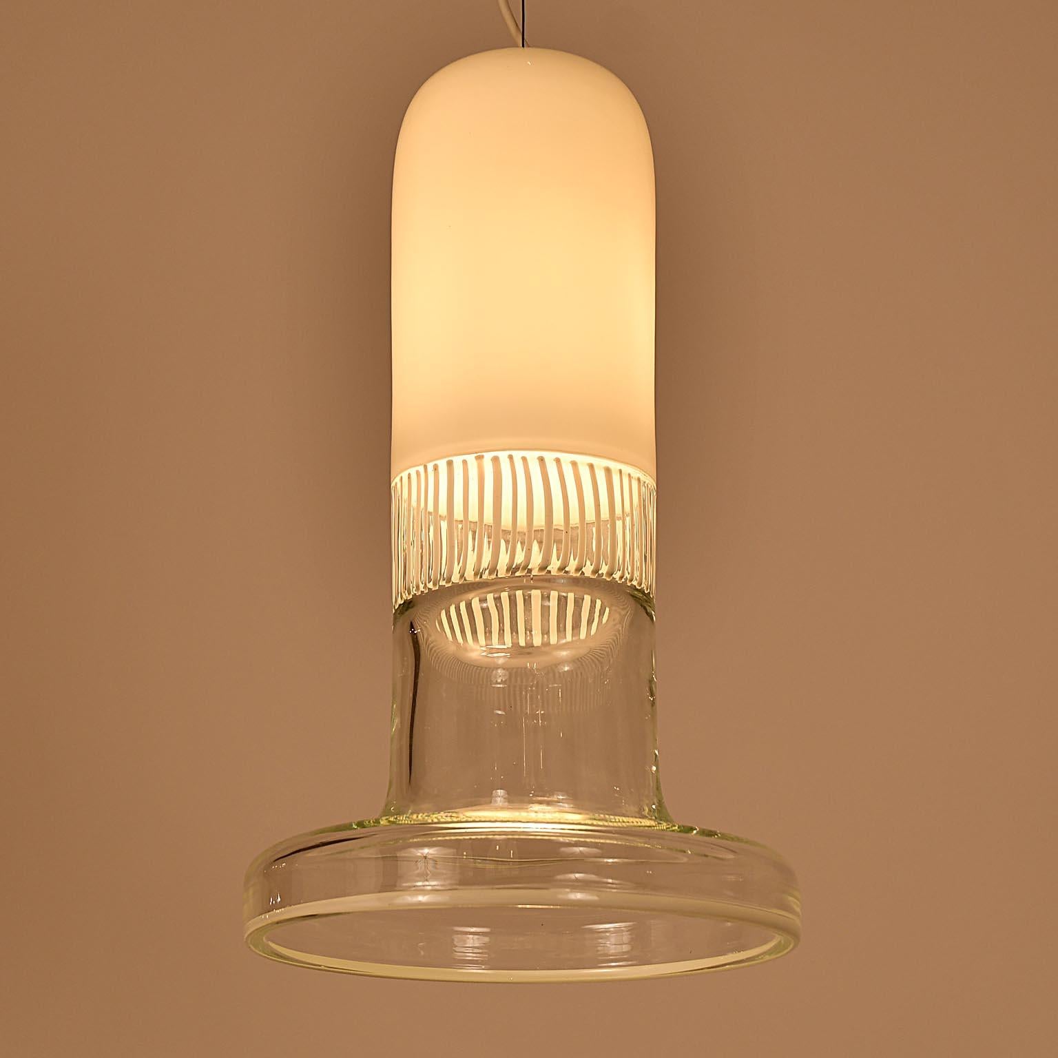 Mid-Century Modern Tokio Pendant Lamp by Roberto Pamio & Renato Toso Glass Murano White Stripes 60s For Sale