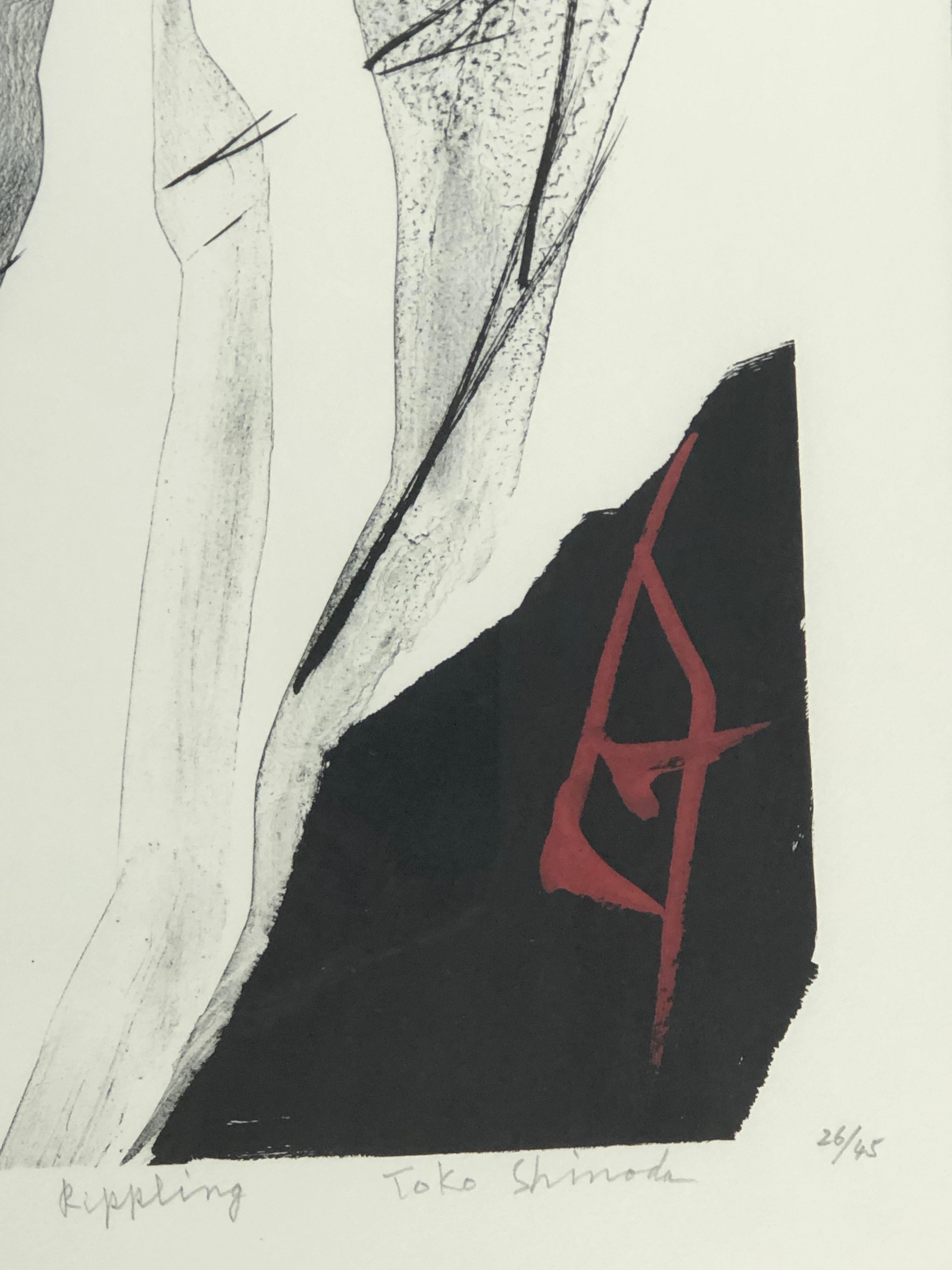 Rippling, limited edition lithograph, Japanese, black, white, red, signed - Print by Toko Shinoda
