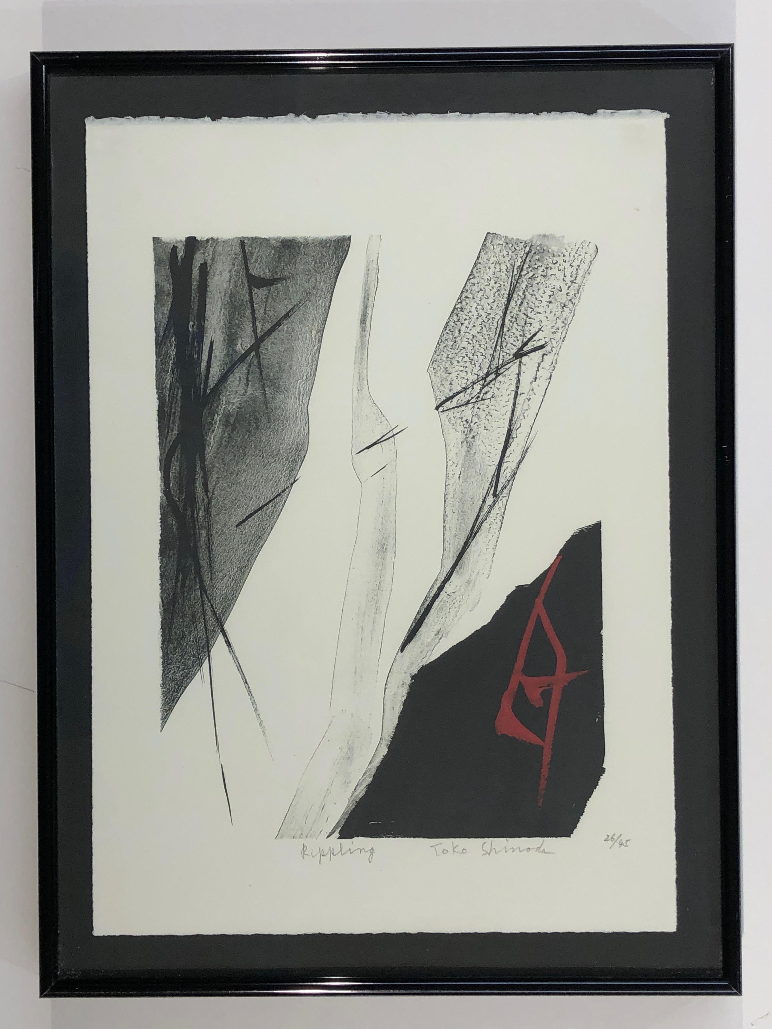 Toko Shinoda Print - Rippling, limited edition lithograph, Japanese, black, white, red, signed