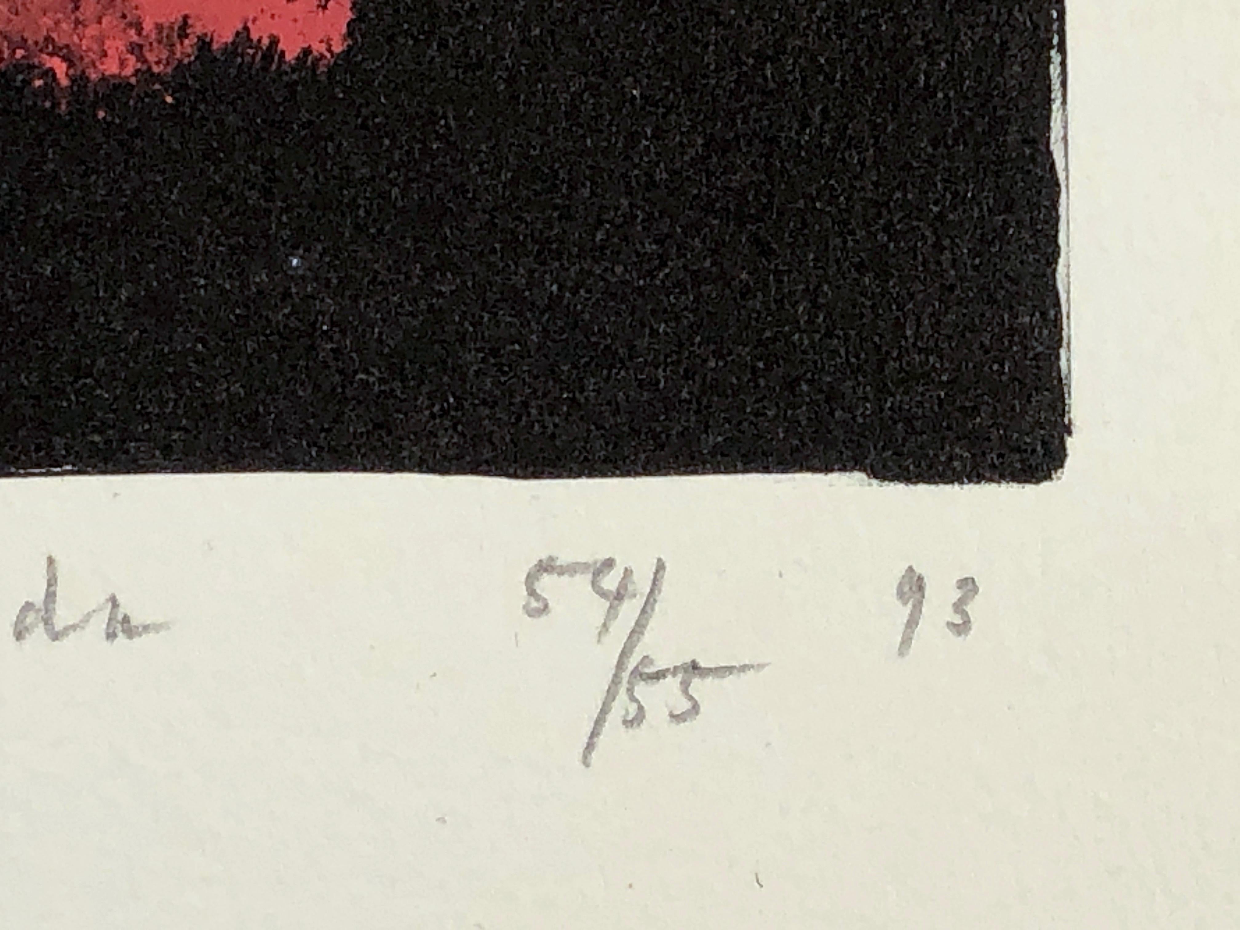Tischau, japanische Lithographie in limitierter Auflage, schwarz, weiß, rot, signiert, nummeriert (Grau), Abstract Print, von Toko Shinoda