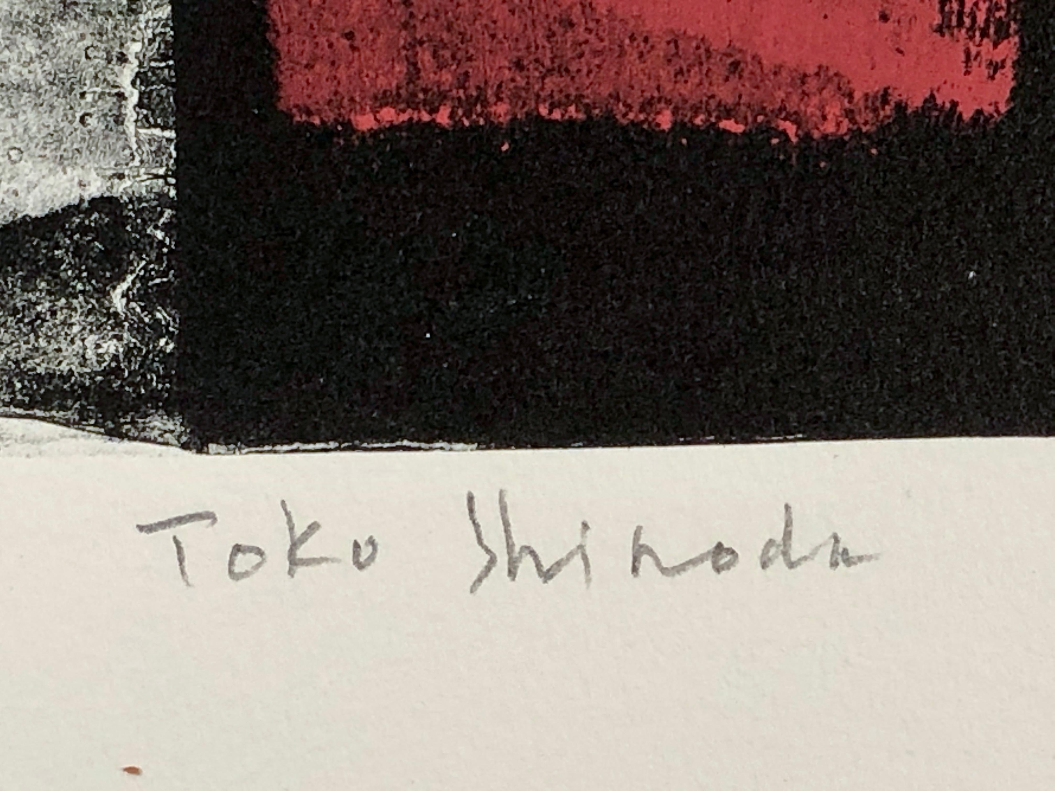 Tableau, japanisch, limitierte Auflage Lithographie, schwarz, weiß, rot, signiert, nummeriert

Shinodas Werke wurden von öffentlichen Galerien und Museen gesammelt, darunter das Museum of Modern Art, das Solomon R. Guggenheim Museum, das Brooklyn