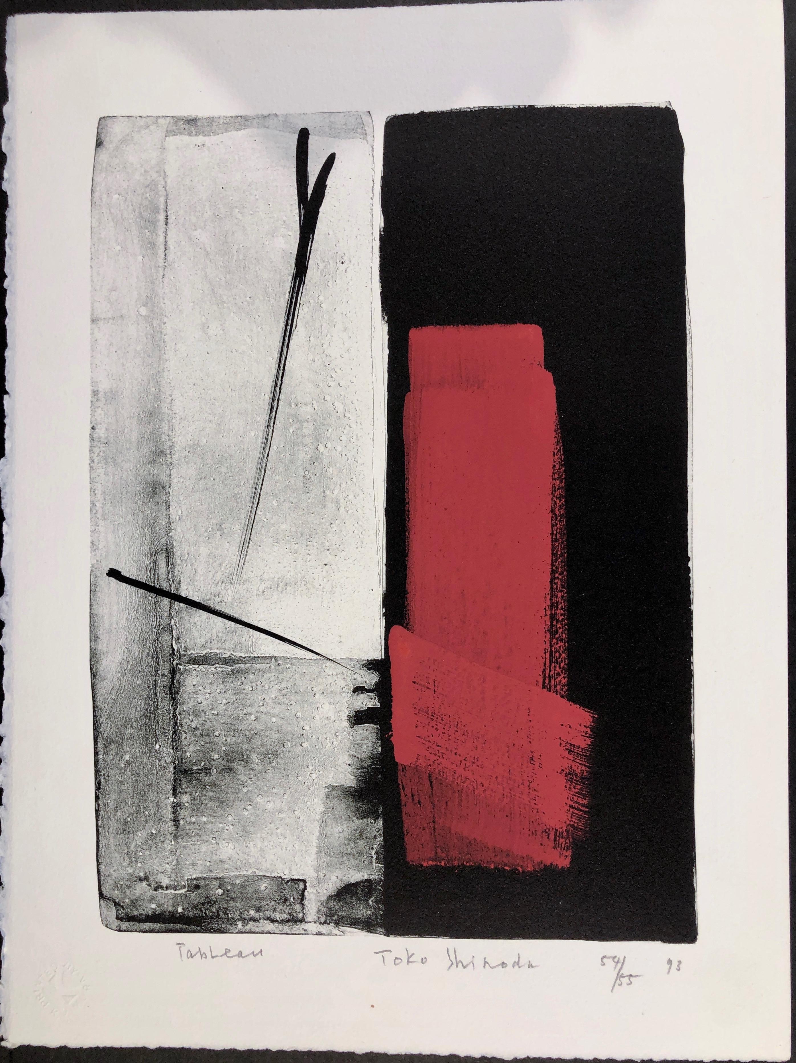 Toko Shinoda Abstract Print – Tischau, japanische Lithographie in limitierter Auflage, schwarz, weiß, rot, signiert, nummeriert