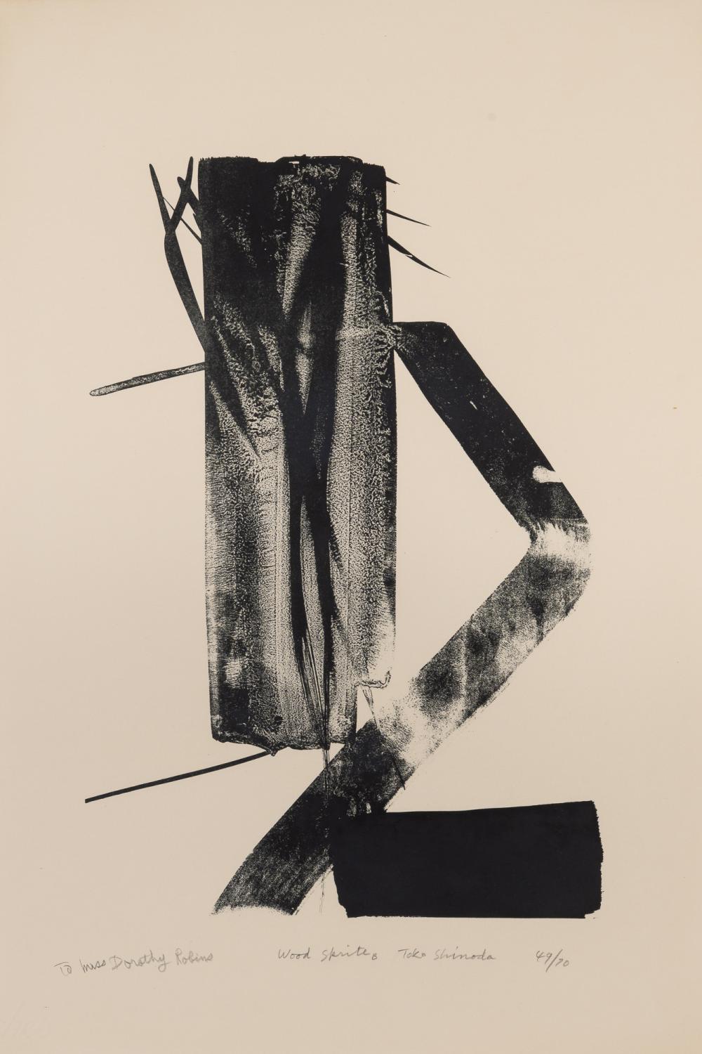 Toko SHINODA
(Japanisch, 1913-2021)
Wood Sprite B, Lithographie (Auflage 49/70)

55.8 x 38.4 cm.
Hingerichtet 1970
Betitelt, signiert, nummeriert und gewidmet "to Miss Dorothy Robins".

PROVENIENZ
Direkt von der Künstlerin erworben von Dr. Dorothy