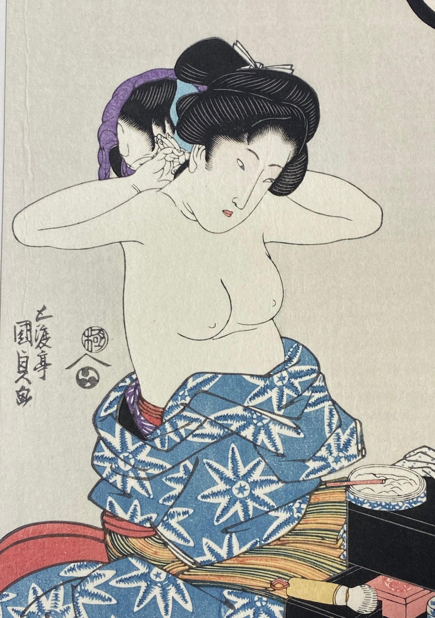 Tokoyuni III Kunisada Japanese Woodblock Print of Nude Geisha Woman At Vanity In Good Condition For Sale In Studio City, CA