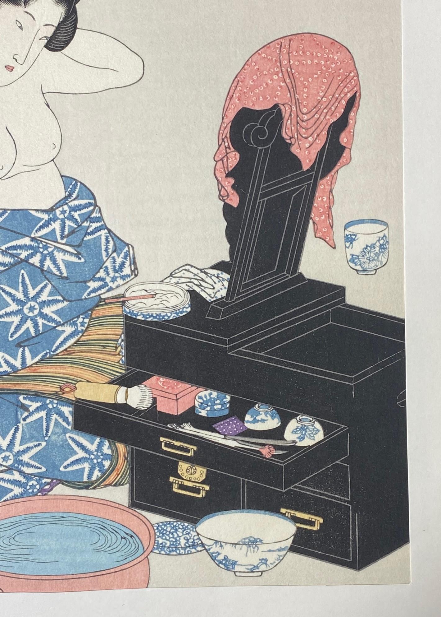 20ième siècle Tokoyuni III Kunisada - Impression sur bois japonaise d'une femme nue Geisha dans une vanité en vente