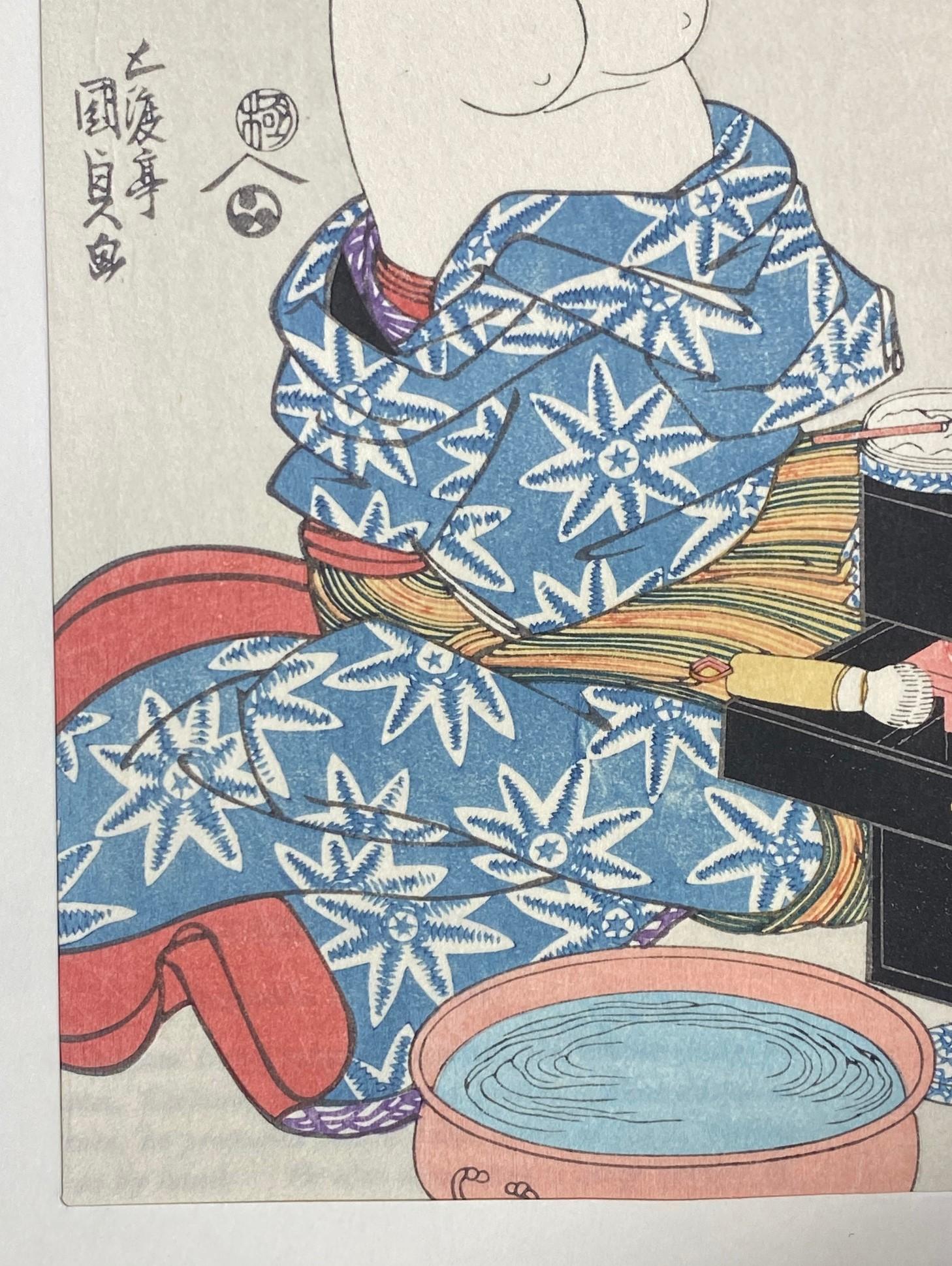 Tokoyuni III Kunisada Stampa su legno giapponese di donna geisha nuda alla vanità in vendita 1