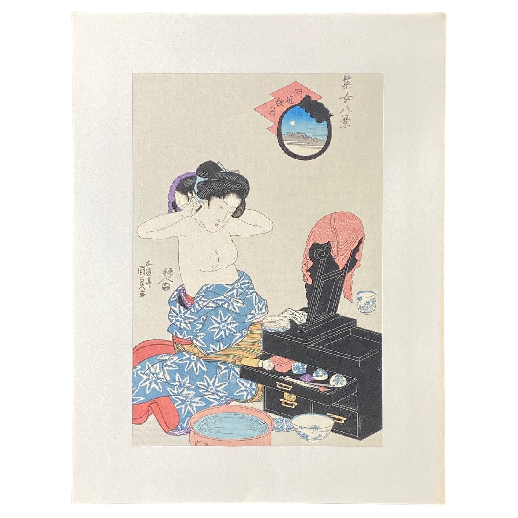 Tokoyuni III Kunisada Japanischer Holzschnitt mit nackter Geisha-Frau im Waschtischdruck im Angebot
