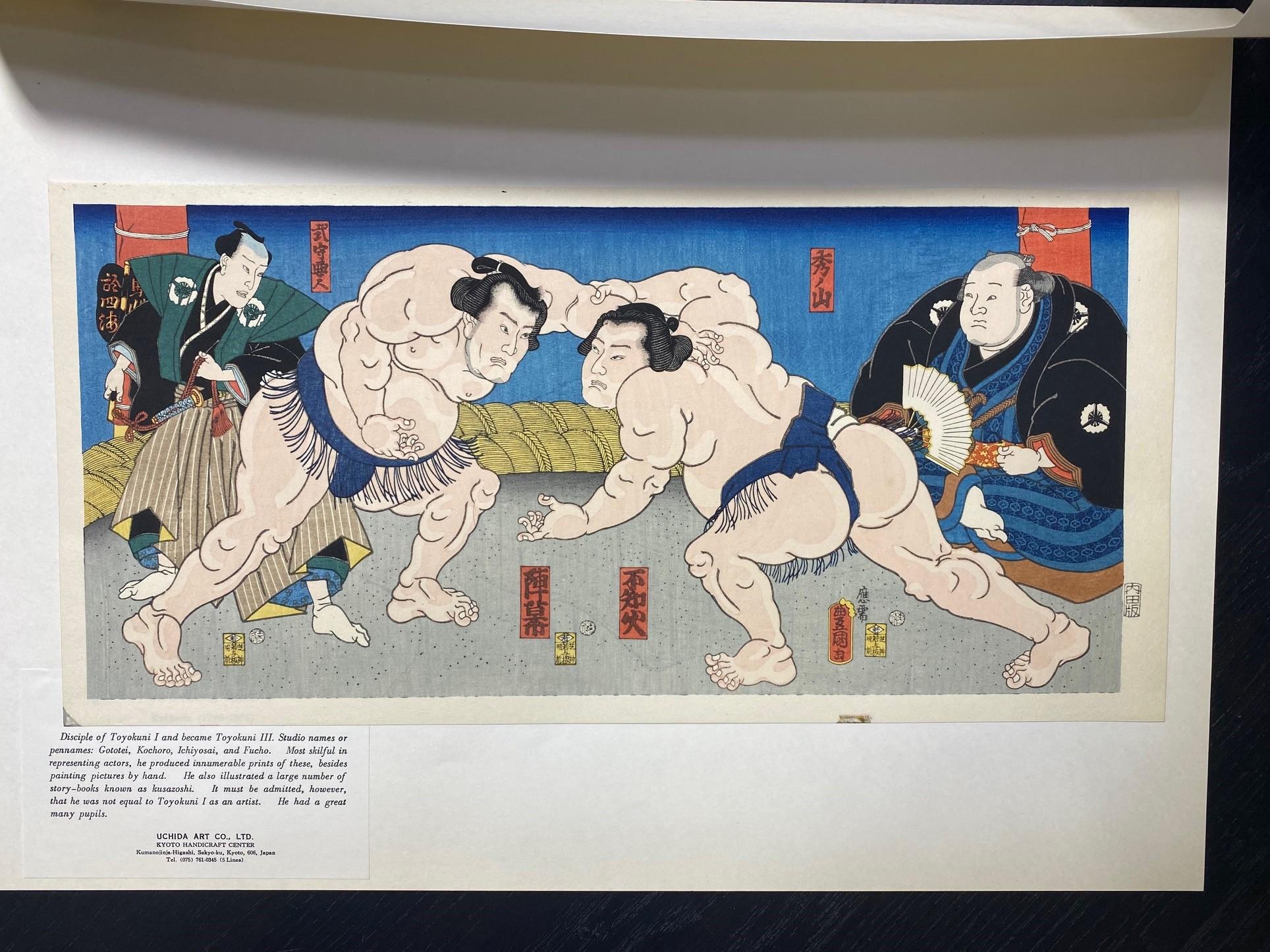 Tokoyuni III Kunisada Japanischer Holzschnitt mit Sumo-Druck Shiranui vs Jimmaku im Angebot 9