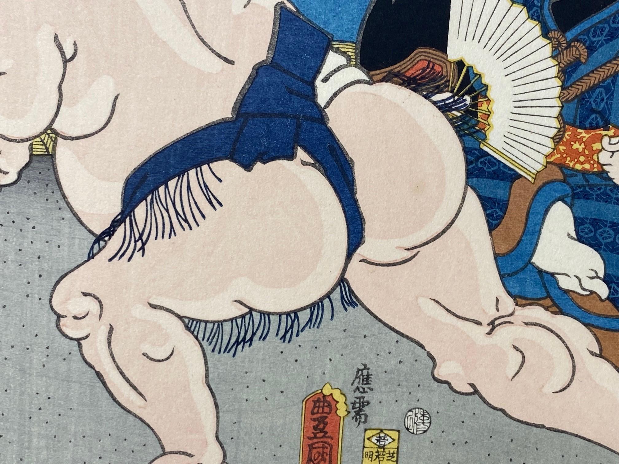 Tokoyuni III Kunisada Japanese Woodblock Print Sumo Match Shiranui vs Jimmaku For Sale 12