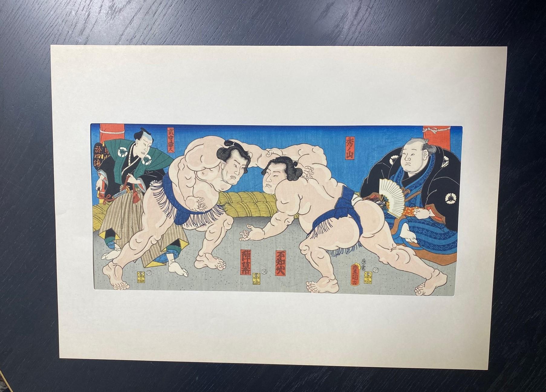 A beautifully composed and richly colored woodblock print by renowned Japanese artist Tokoyuni III (AKA Utagawa Kunisada 1786-1864) titled 