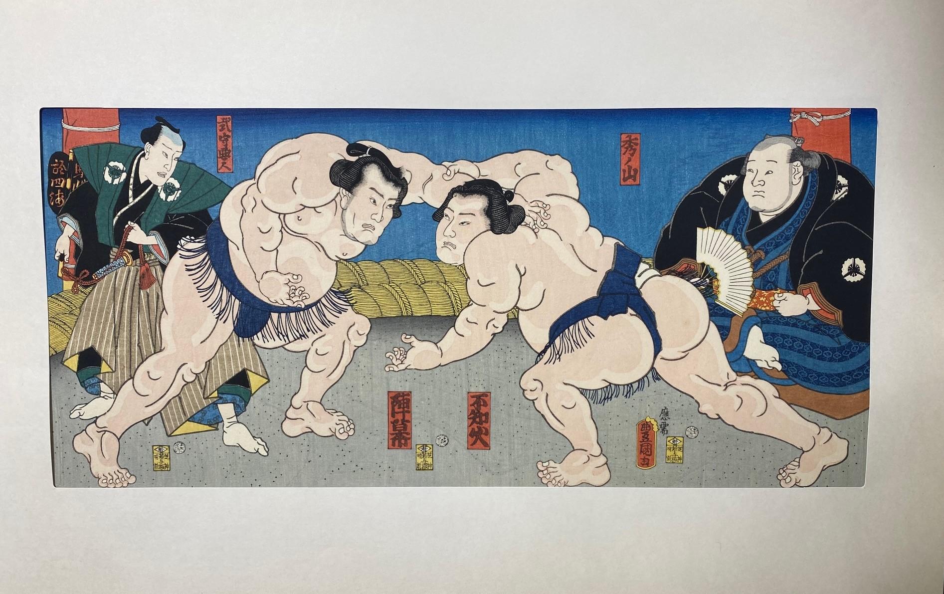 Tokoyuni III Kunisada Japanischer Holzschnitt mit Sumo-Druck Shiranui vs Jimmaku (Showa) im Angebot
