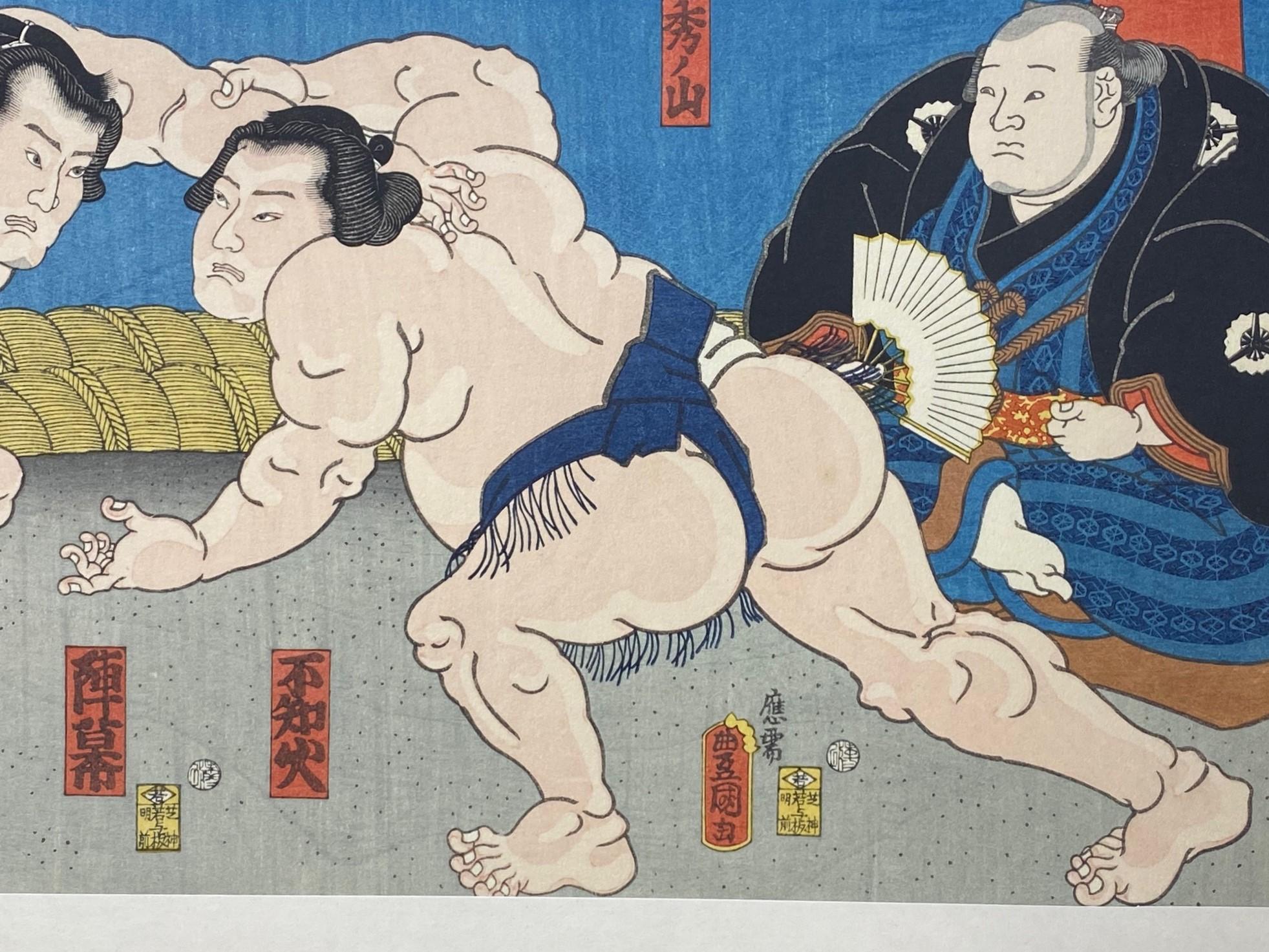 20th Century Tokoyuni III Kunisada Japanese Woodblock Print Sumo Match Shiranui vs Jimmaku For Sale