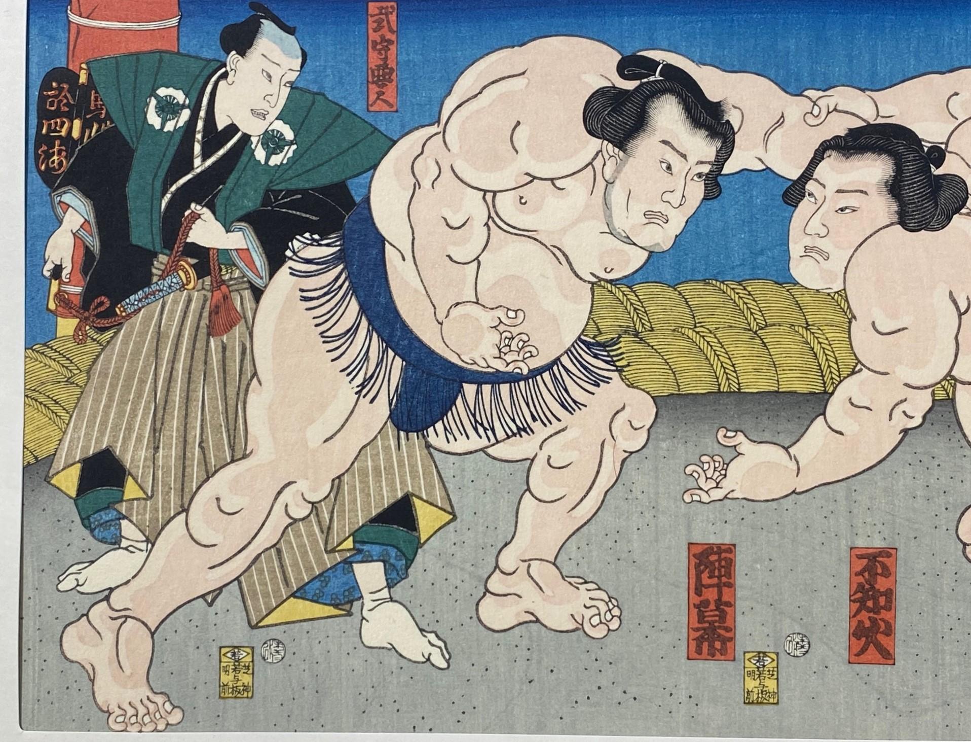 Paper Tokoyuni III Kunisada Japanese Woodblock Print Sumo Match Shiranui vs Jimmaku For Sale