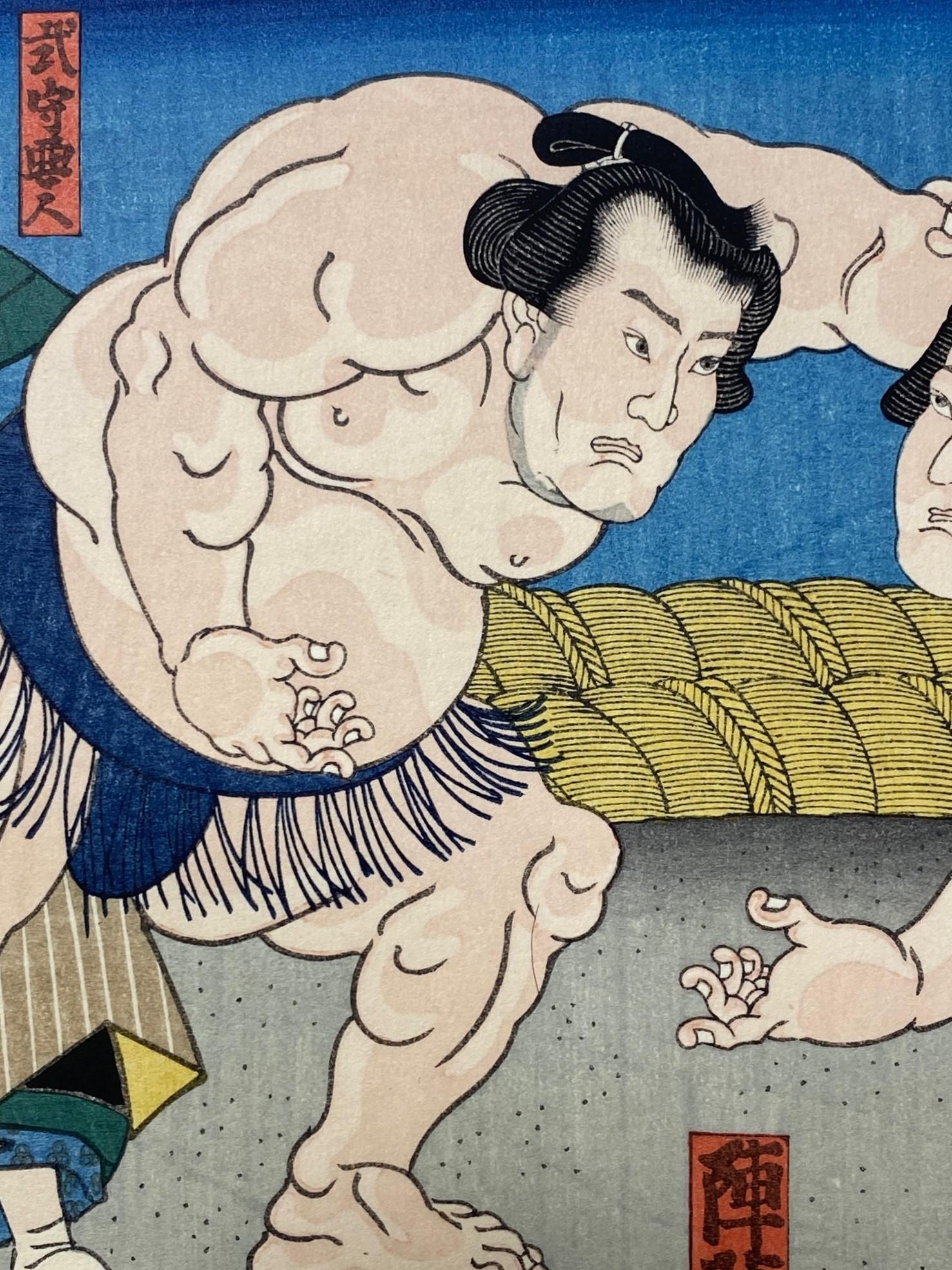 Tokoyuni III Kunisada Japanese Woodblock Print Sumo Match Shiranui vs Jimmaku For Sale 1