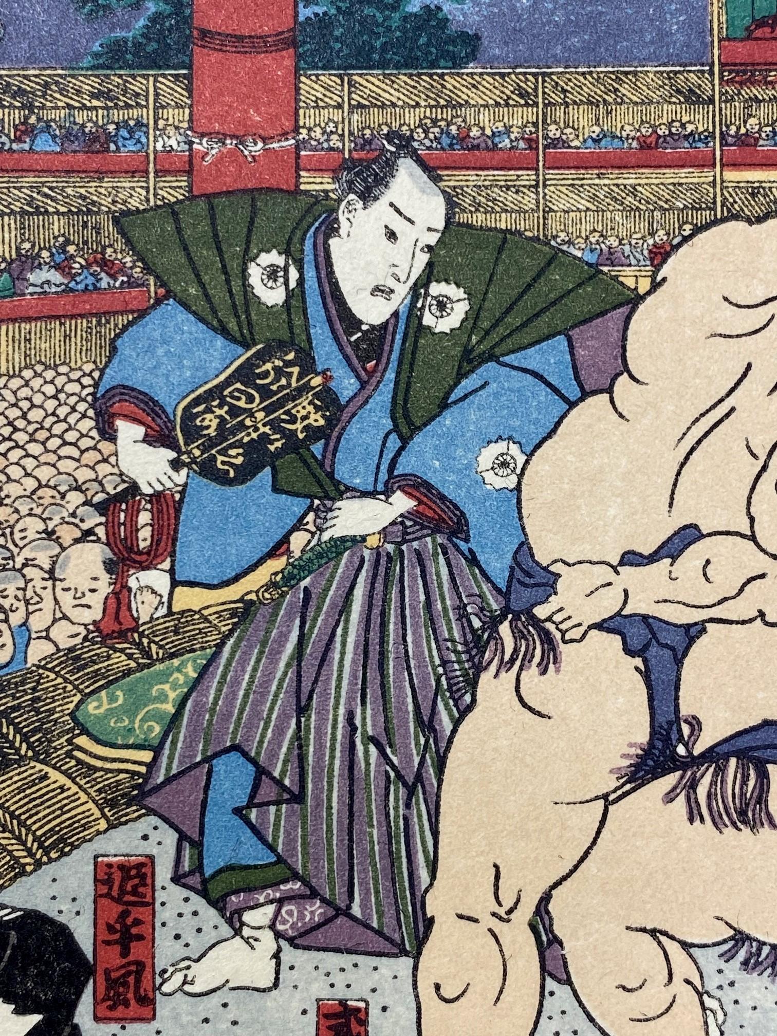 Tokoyuni III Kunisada japonaise gravure sur bois - Sumo combattant pour la charité en vente 4