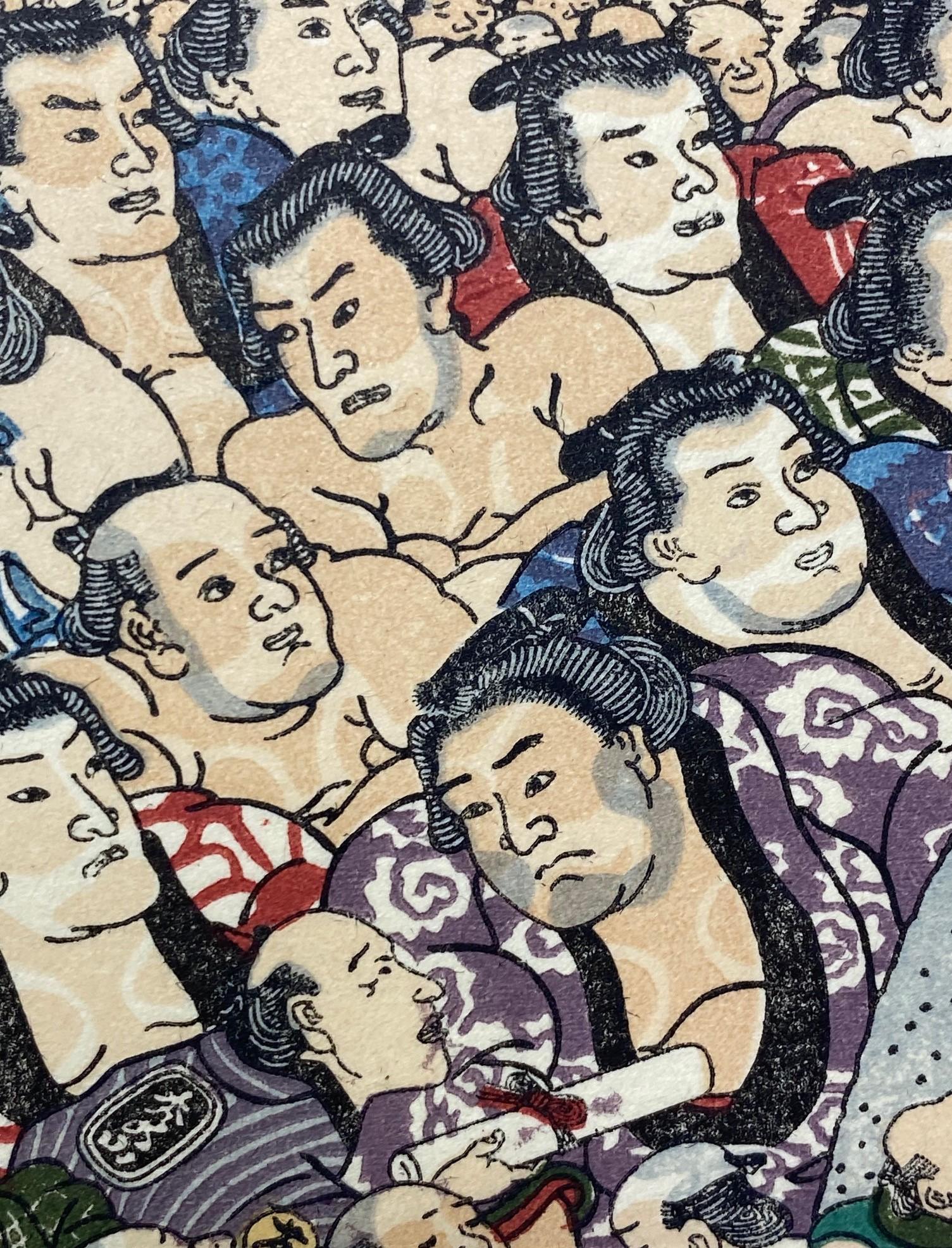 Tokoyuni III Kunisada japonaise gravure sur bois - Sumo combattant pour la charité en vente 13